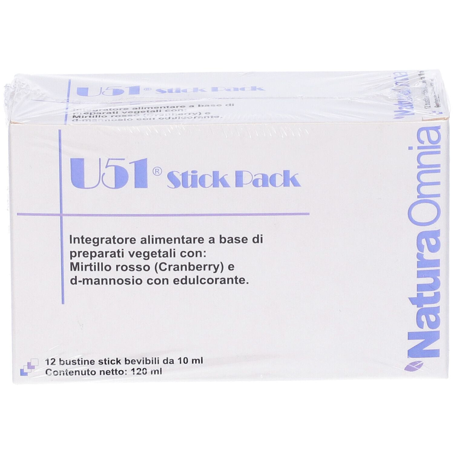 Scatola 'U51 stick Pack'. Contiene 12 bustine da 10 ml. Marchio: Natura Omnia. Ingredienti: mirtillo rosso, d-mannosio.