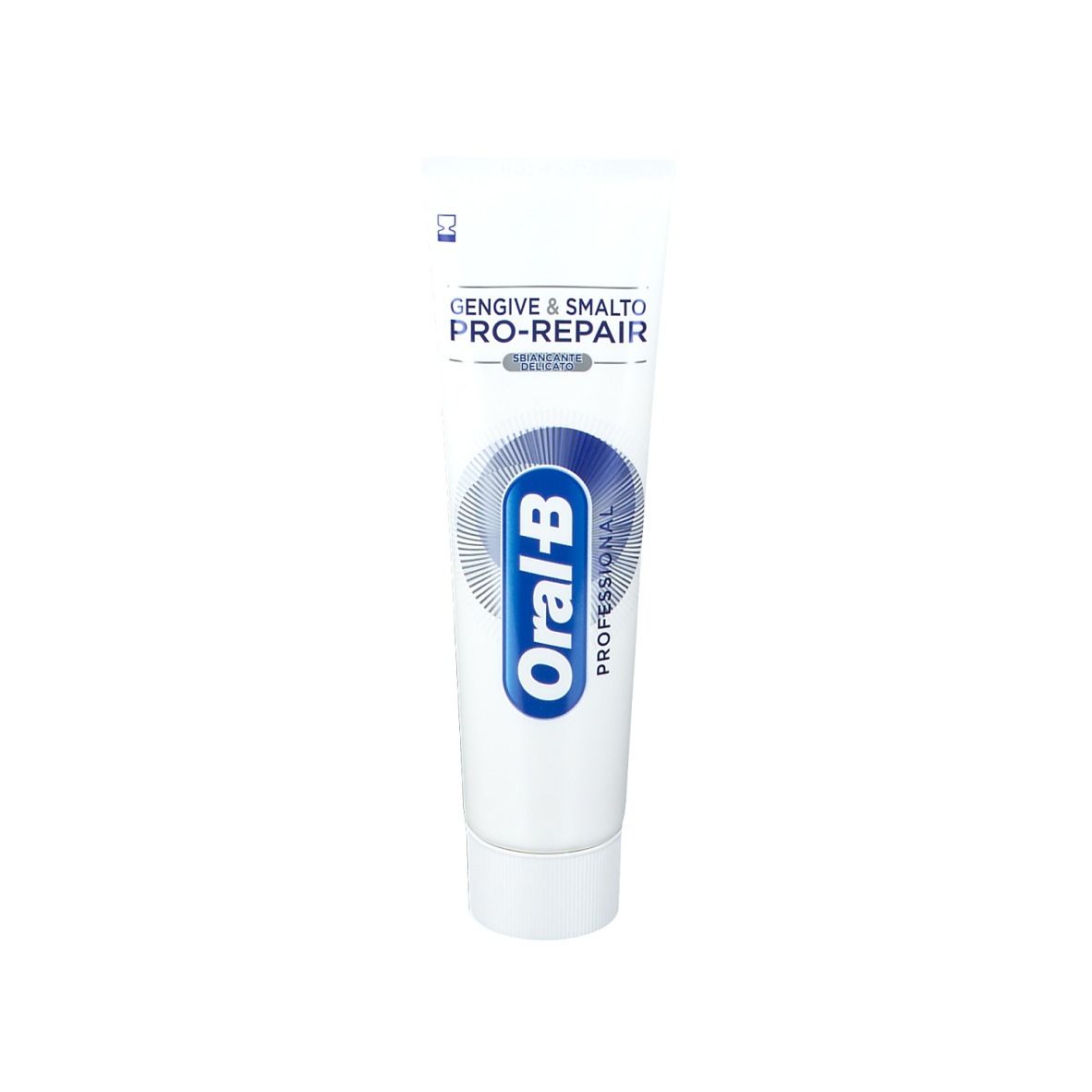Tubo di dentifricio Oral-B Pro-Repair. Bianco, logo blu. Scritta: Gingive & Smalto.