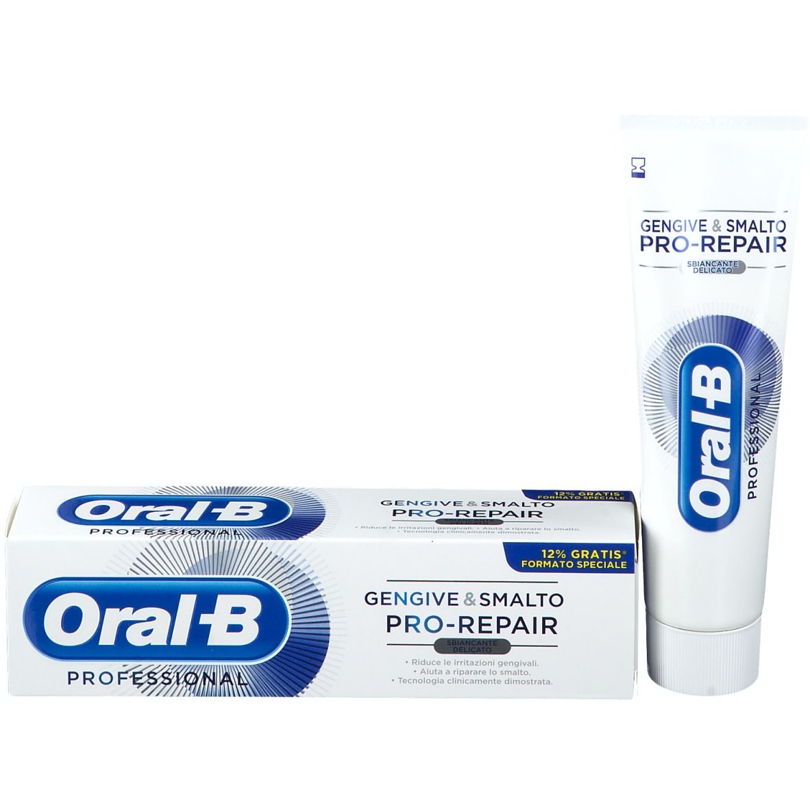 Tubo e scatola di dentifricio Oral-B Pro-Repair. Bianco, logo blu. Scritta in italiano.