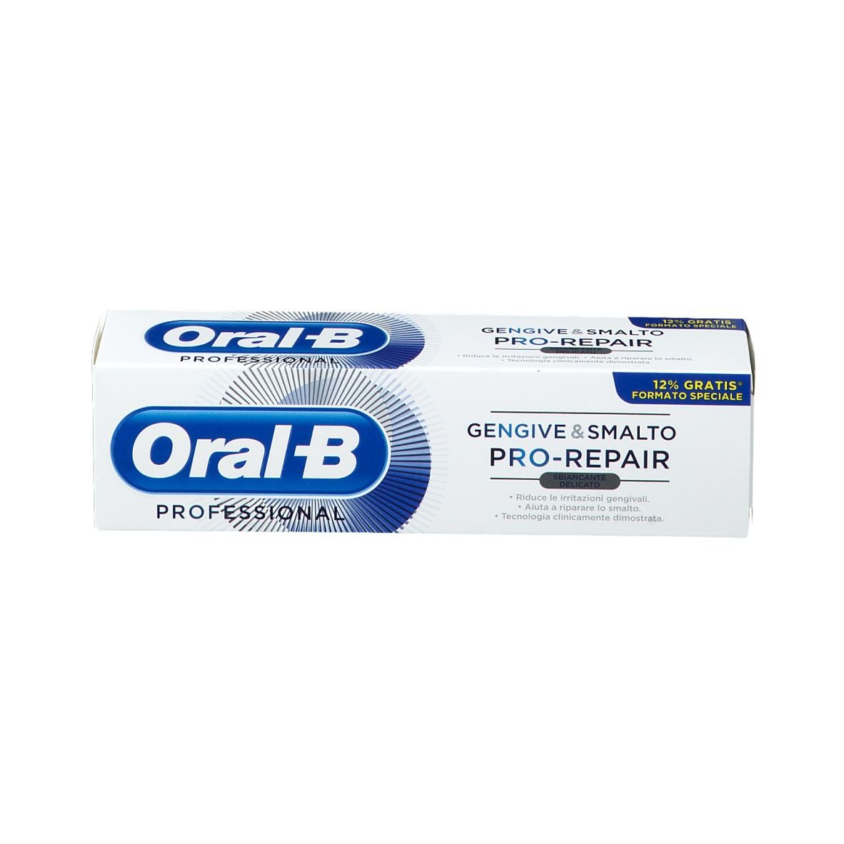 Scatola di dentifricio Oral-B Pro-Repair. Bianco, logo blu. Scritta: Gingive & Smalto.
