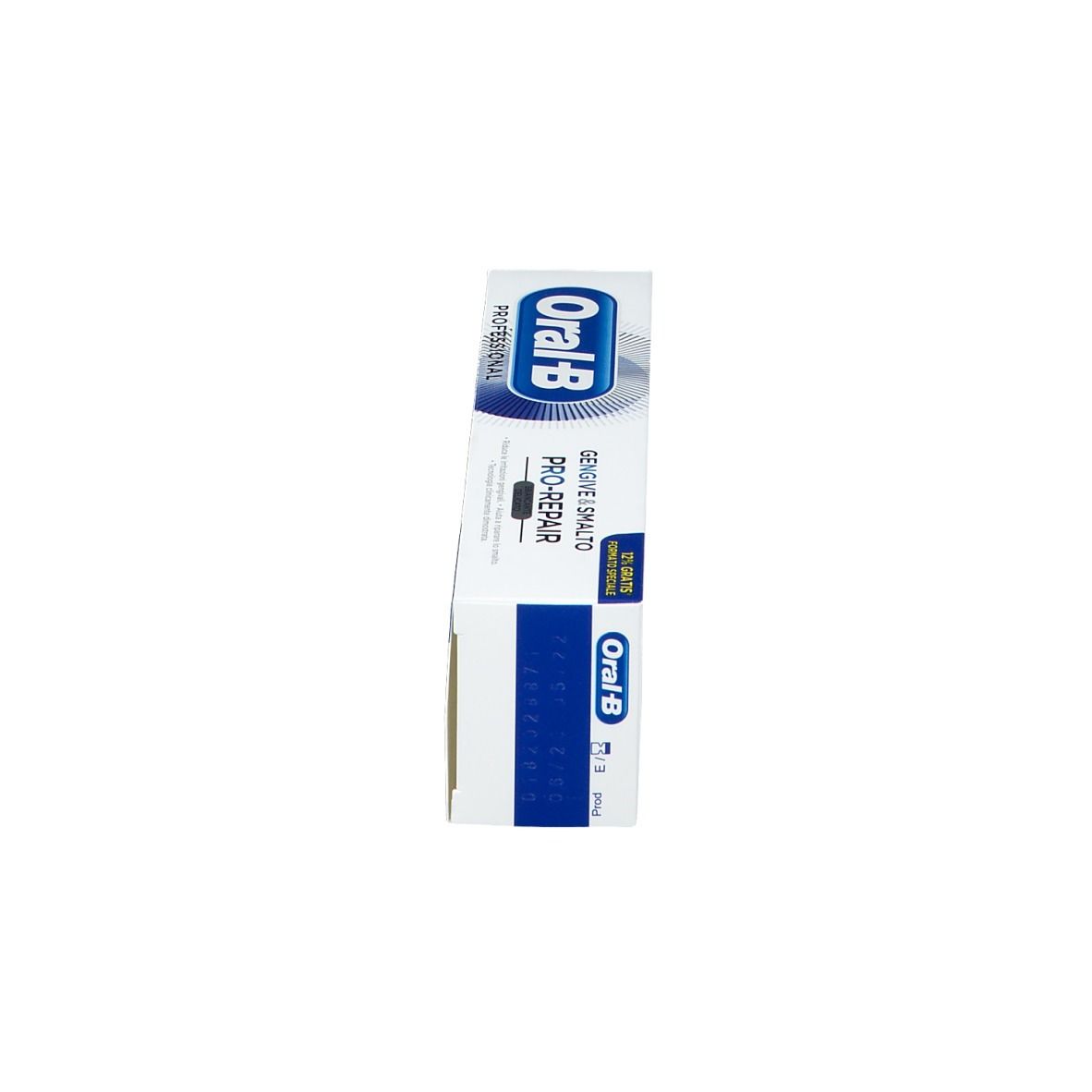 Scatola di dentifricio Oral-B Pro-Repair. Vista laterale. Bianco, logo blu.