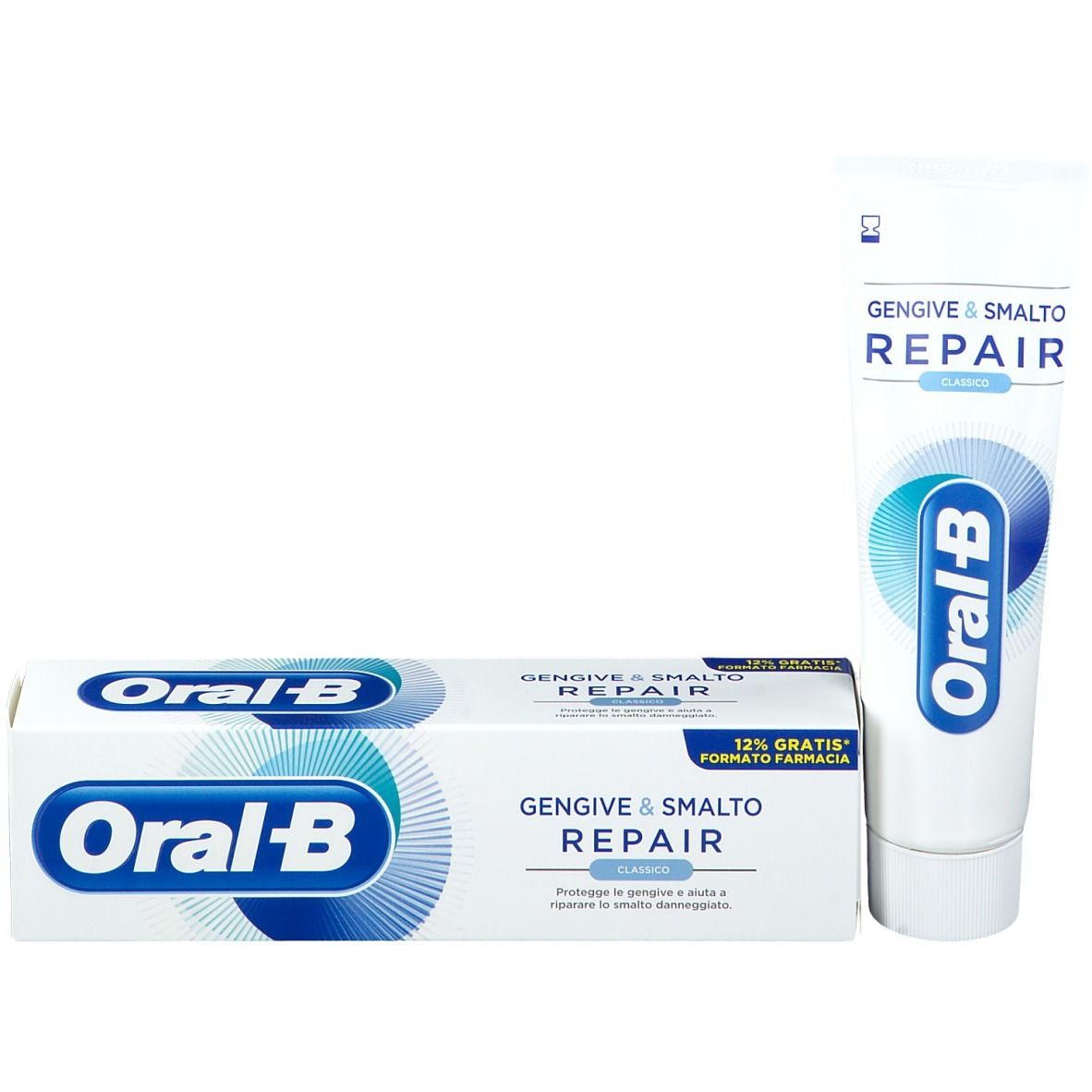 Tubo e scatola di dentifricio. Tubo e scatola con logo e nome del prodotto.