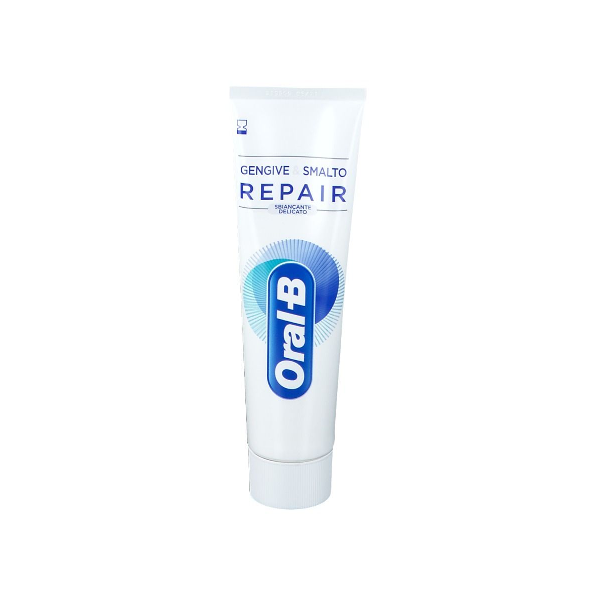 Tubo di dentifricio bianco con logo Oral-B blu. Nome del prodotto Repair. Scritta 'Gengive & Smalto'.