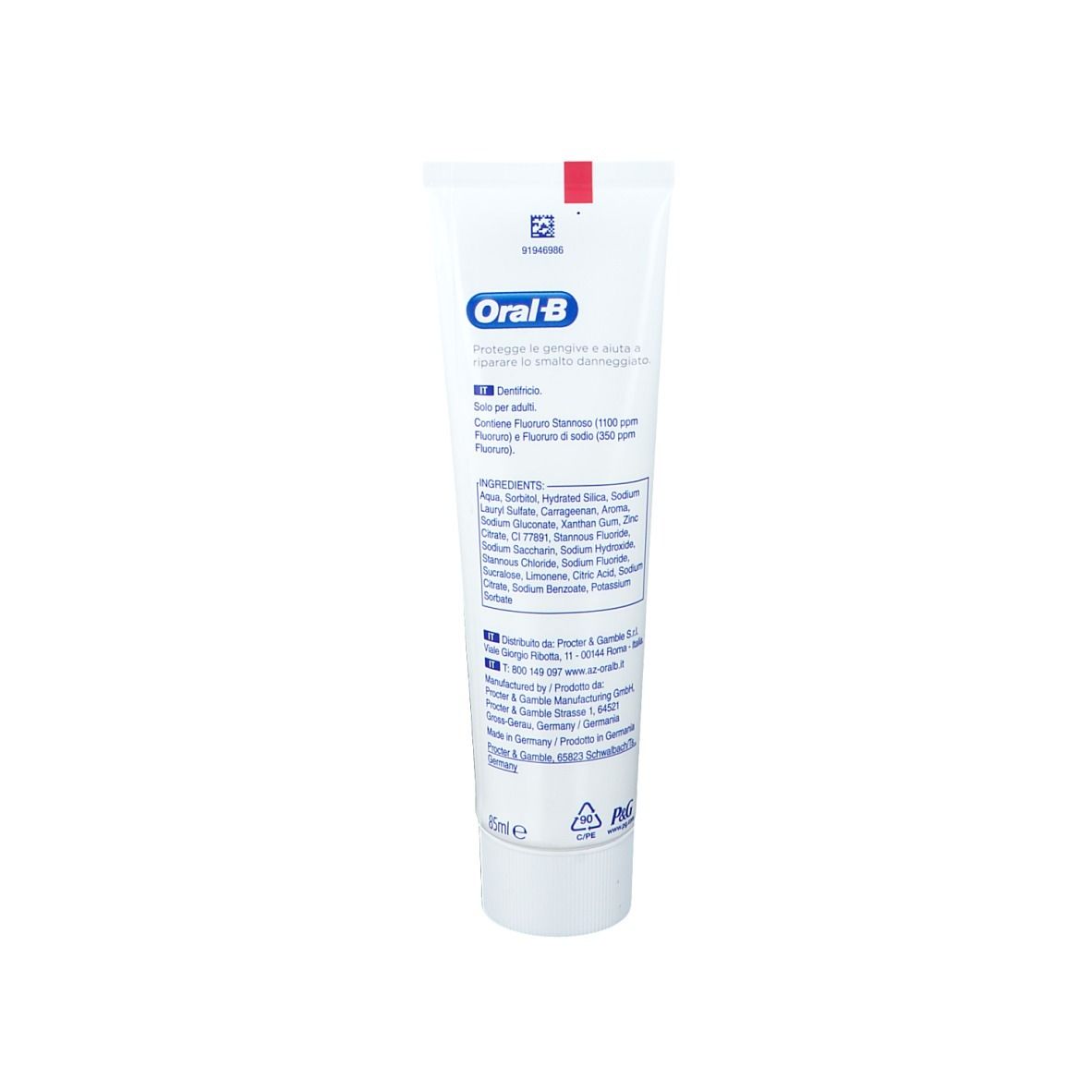 Tubo di dentifricio bianco con logo Oral-B blu. Nome del prodotto Repair. Retro con ingredienti e informazioni produttore.