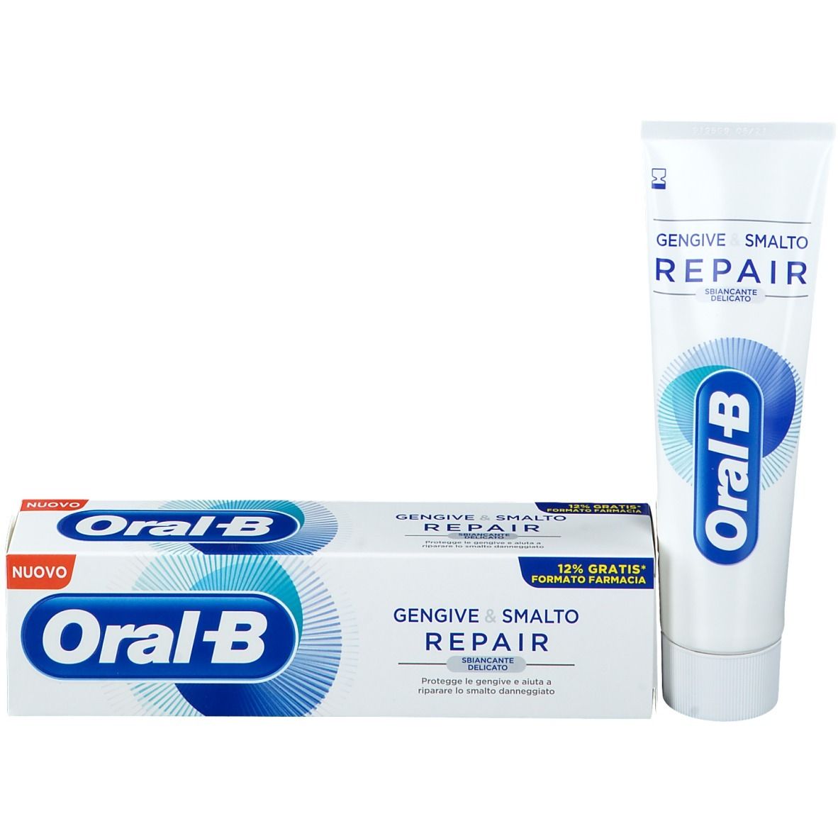 Tubo e scatola di dentifricio Oral-B Repair. Scatola con 'NUOVO' e nome del prodotto. Tubo bianco con logo blu.