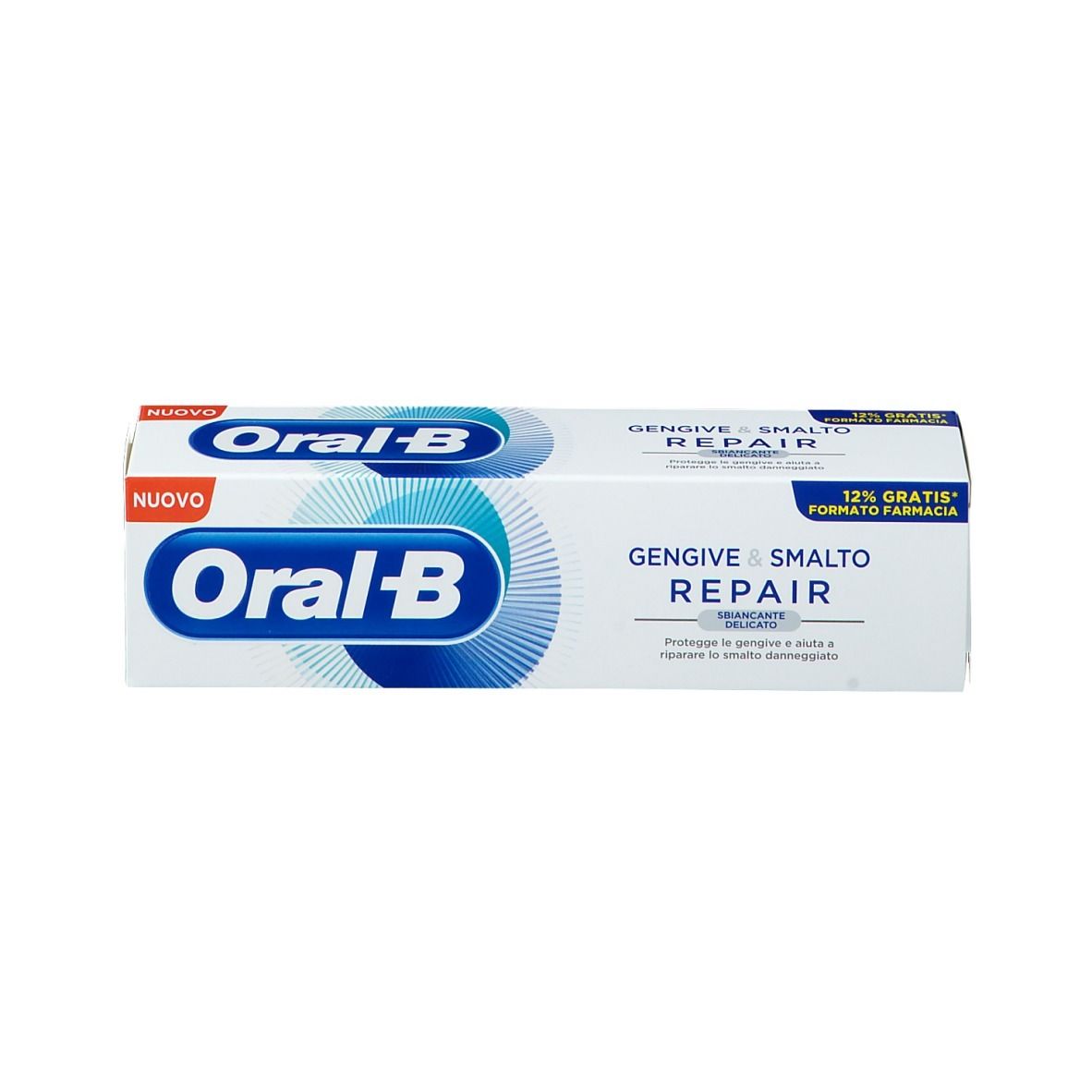 Scatola di dentifricio Oral-B Repair. 'NUOVO' e nome del prodotto. Logo blu e informazioni sul prodotto.