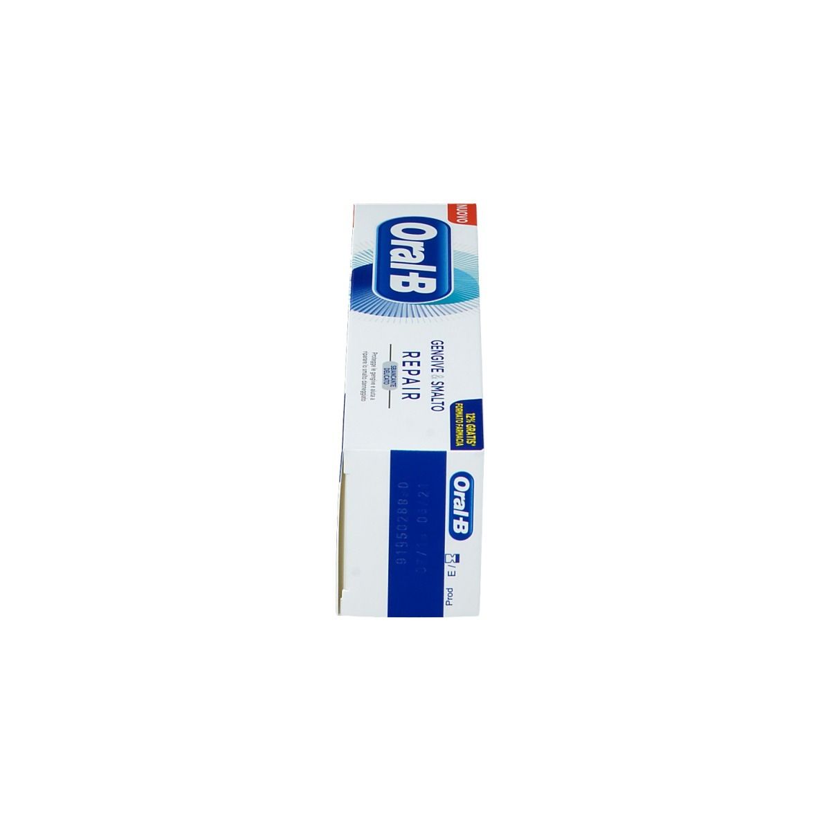 Scatola di dentifricio Oral-B Repair. Logo blu e nome del prodotto. Scritta 'Gengive Smalto'.