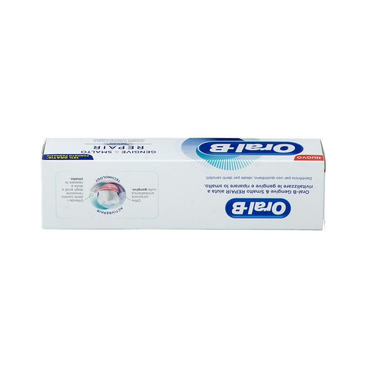 Scatola di dentifricio Oral-B Repair. Nome del prodotto e logo. Illustrazione del prodotto e informazioni.