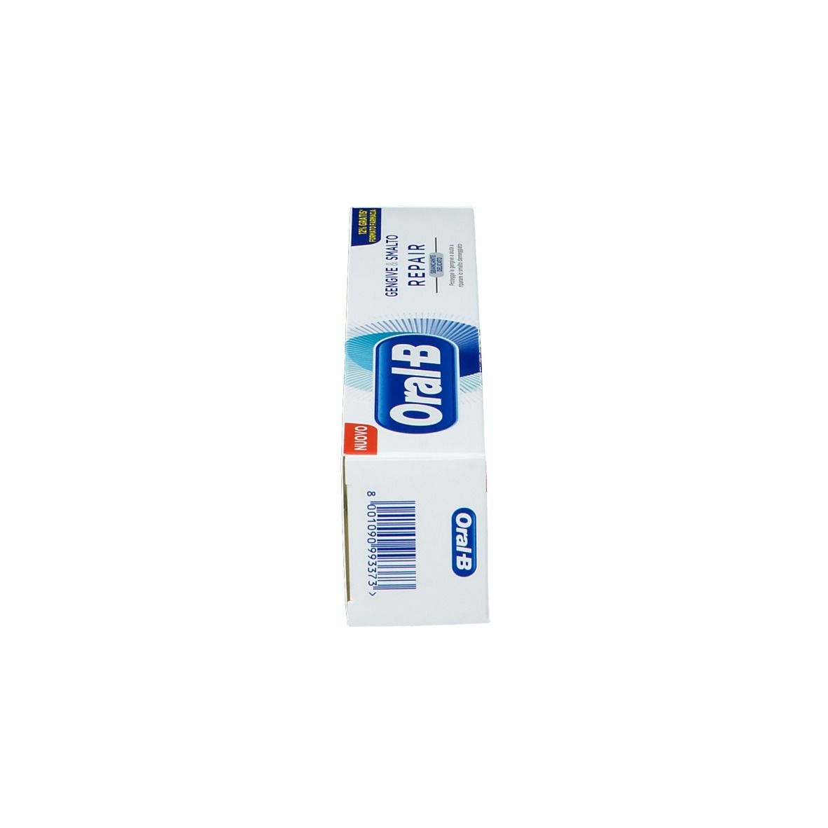 Scatola di dentifricio Oral-B Repair. Nome del prodotto e logo. Scritta 'NUOVO'.