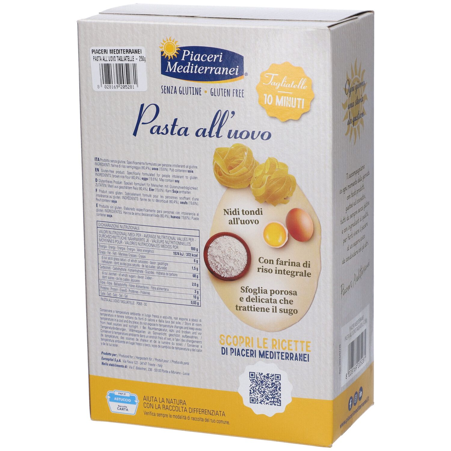 Retro della confezione Piaceri Mediterranei® Pasta all'uovo Tagliatelle. Informazioni nutrizionali, ingredienti.
