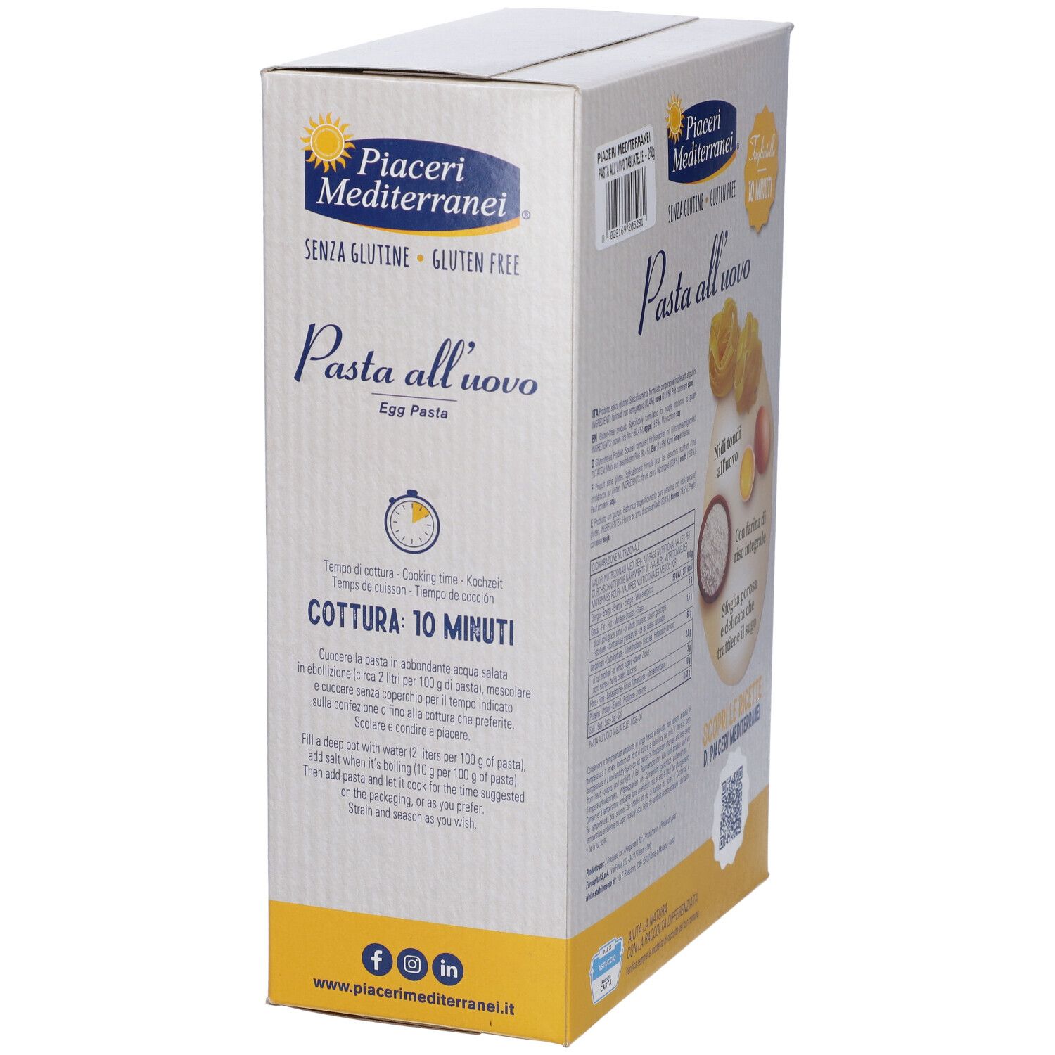 Vista laterale della confezione Piaceri Mediterranei® Pasta all'uovo Tagliatelle. Tempo di cottura, testo.