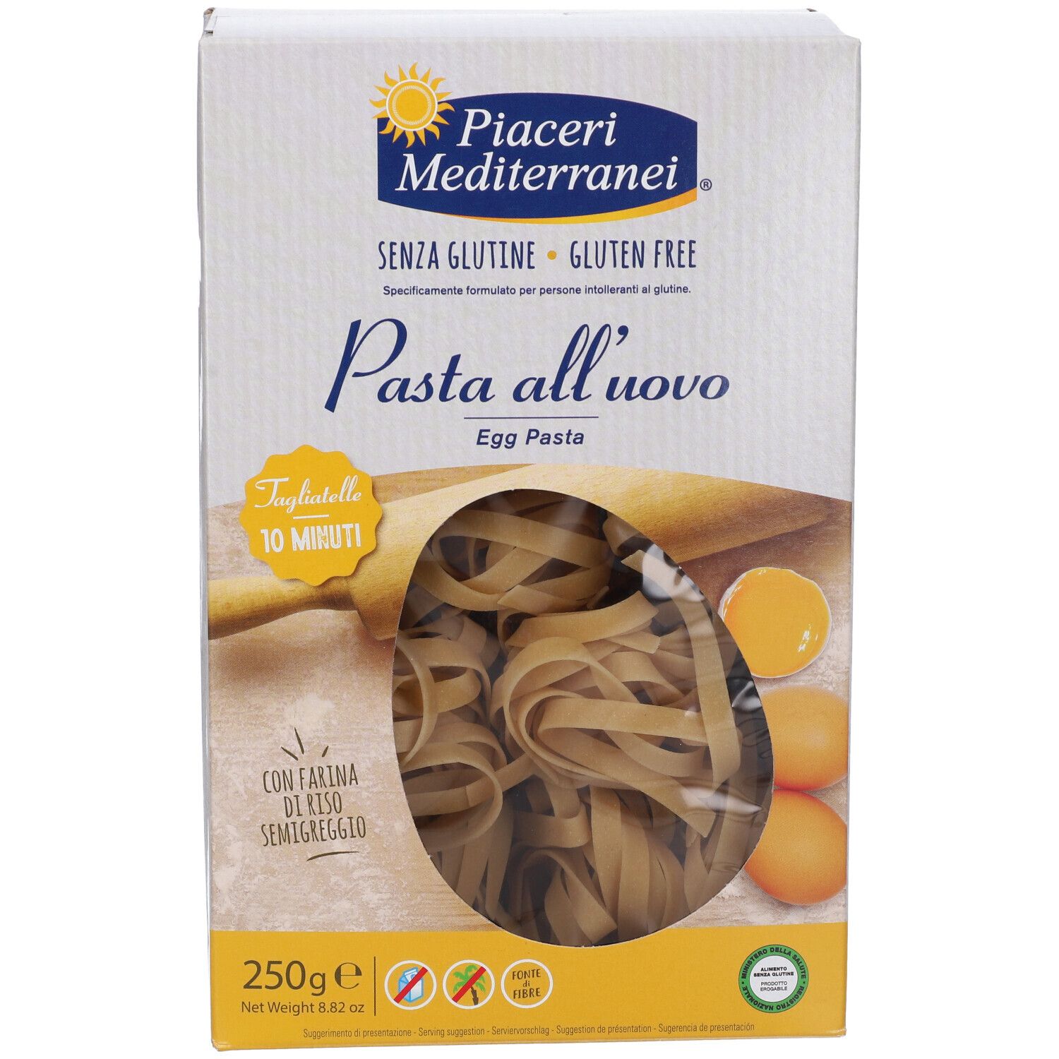 Confezione di Piaceri Mediterranei® Pasta all'uovo Tagliatelle. Mostra pasta, uova, senza glutine, 250g.