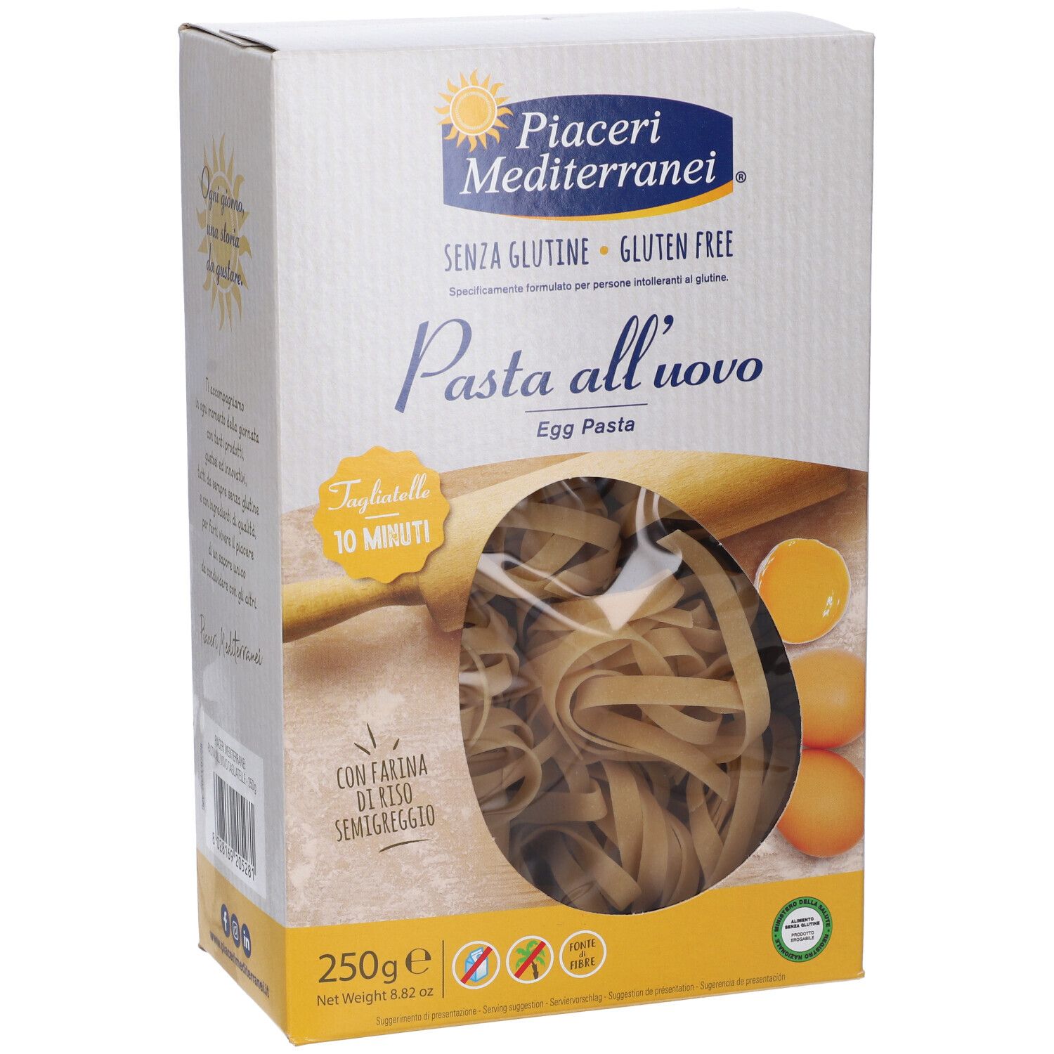 Confezione di Piaceri Mediterranei® Pasta all'uovo Tagliatelle. Mostra pasta, uova, senza glutine, 250g.