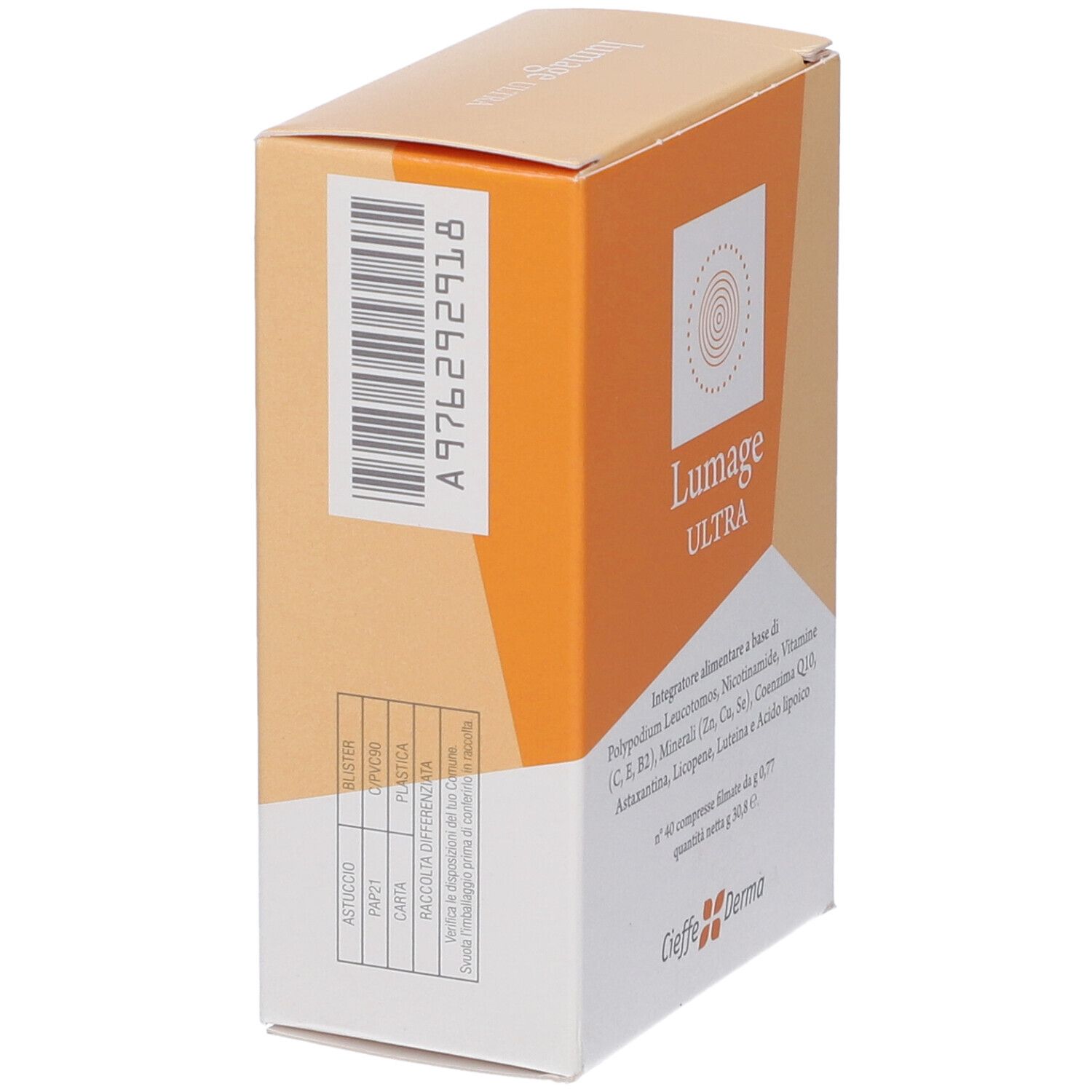 Confezione di Lumage Ultra Compresse, vista laterale. Codice a barre e informazioni prodotto. Beige e arancione.