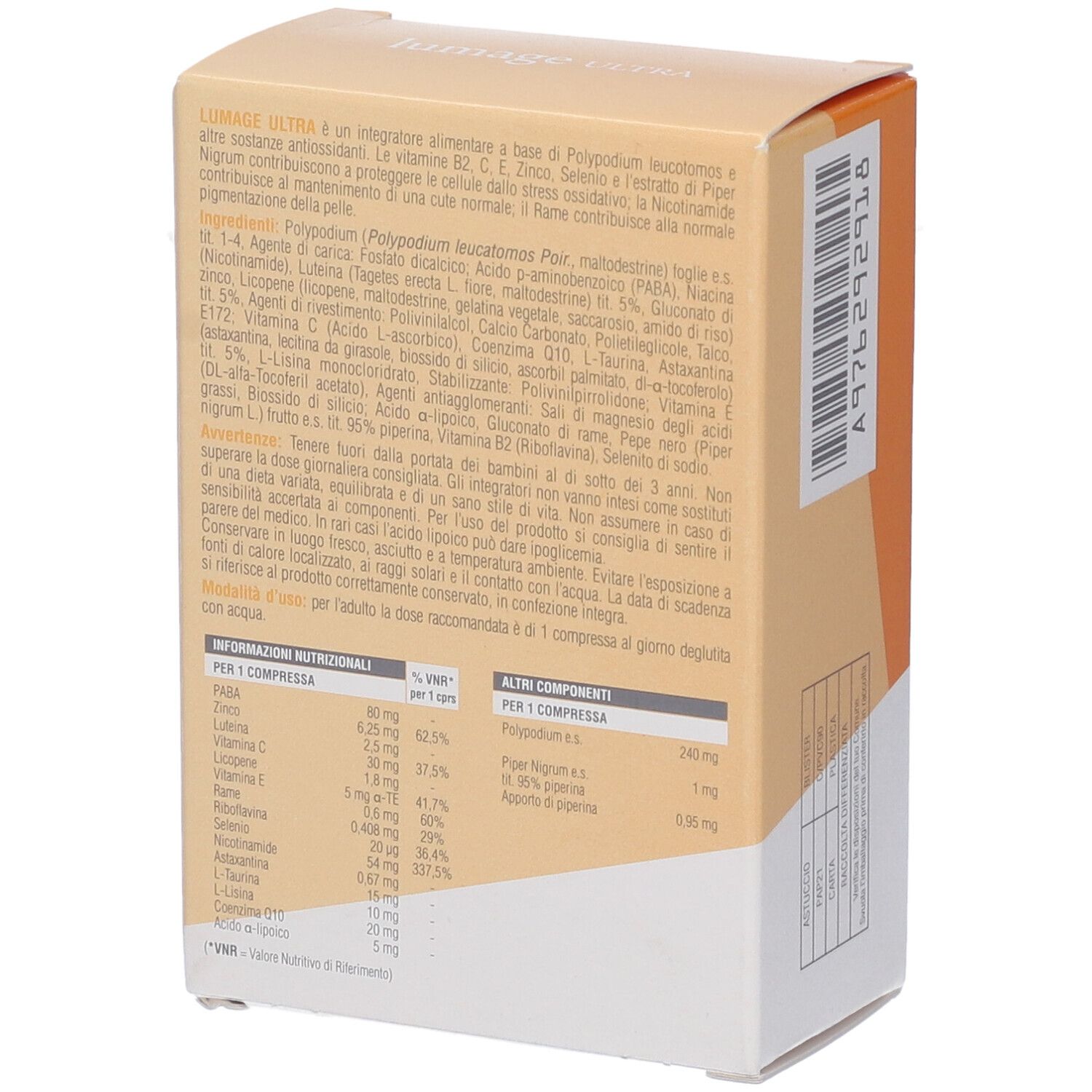 Retro della confezione Lumage Ultra Compresse. Informazioni sul prodotto, ingredienti e valori nutrizionali.