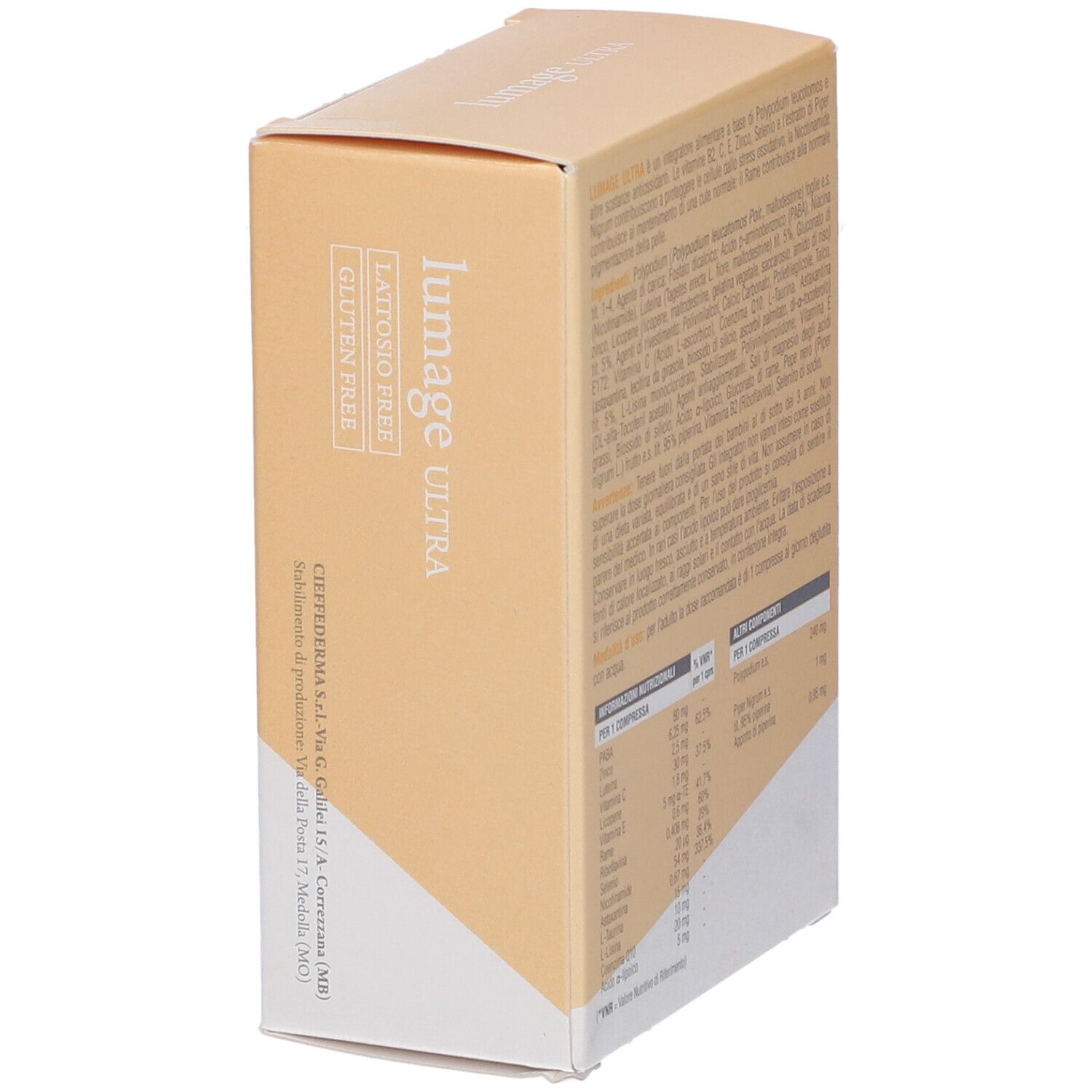 Confezione di Lumage Ultra Compresse, vista laterale. Logo e testo. Senza glutine.