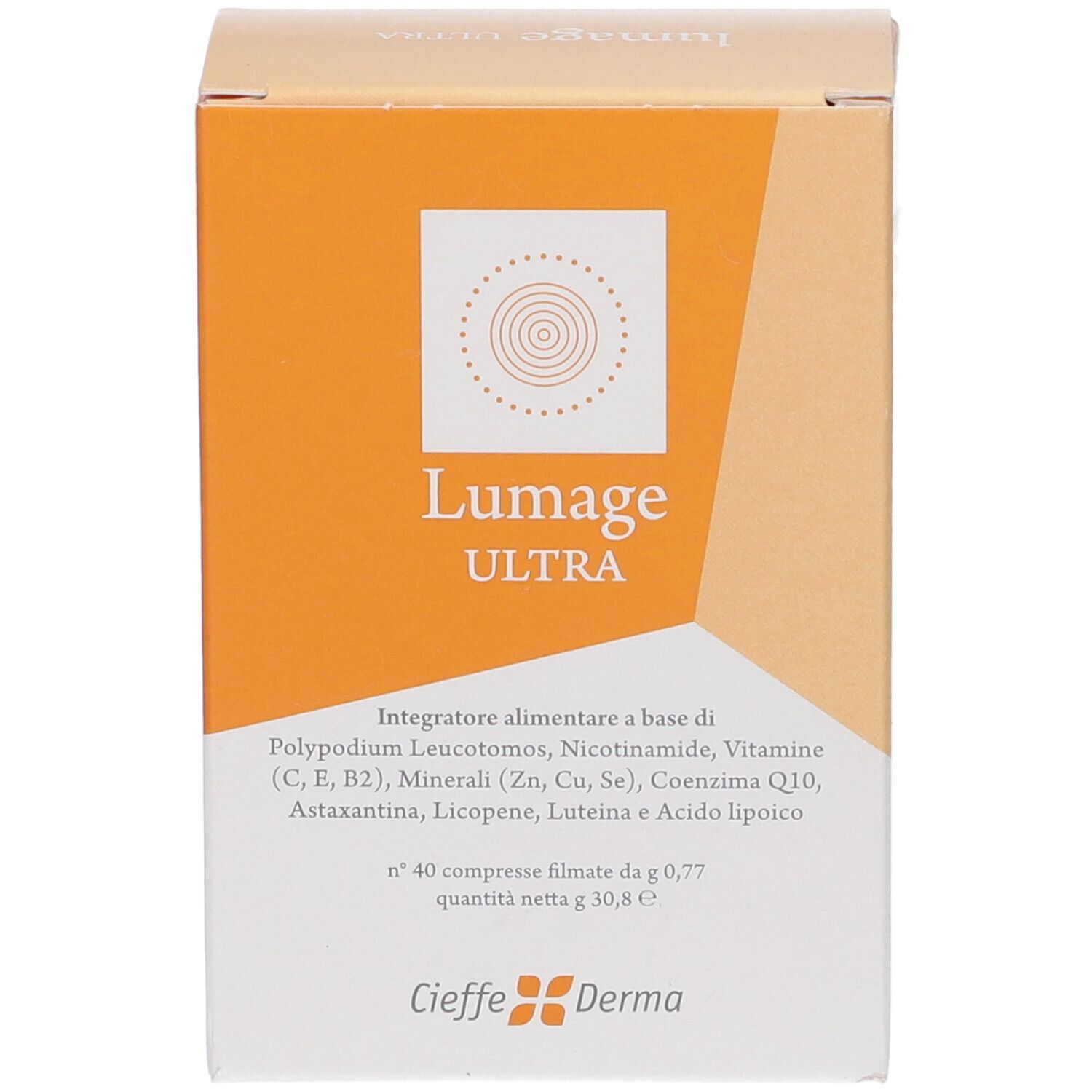 Vista frontale della confezione Lumage Ultra Compresse. Design arancione e bianco con nome e logo.