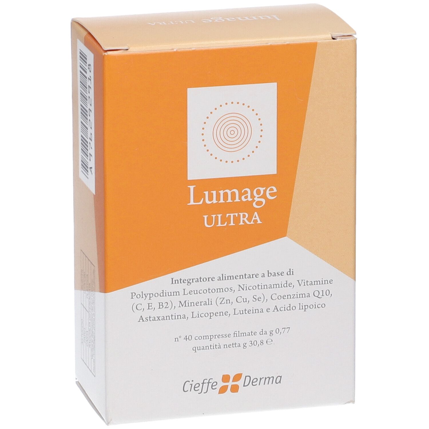 Vista obliqua della confezione Lumage Ultra Compresse. Design arancione e bianco con nome e logo.