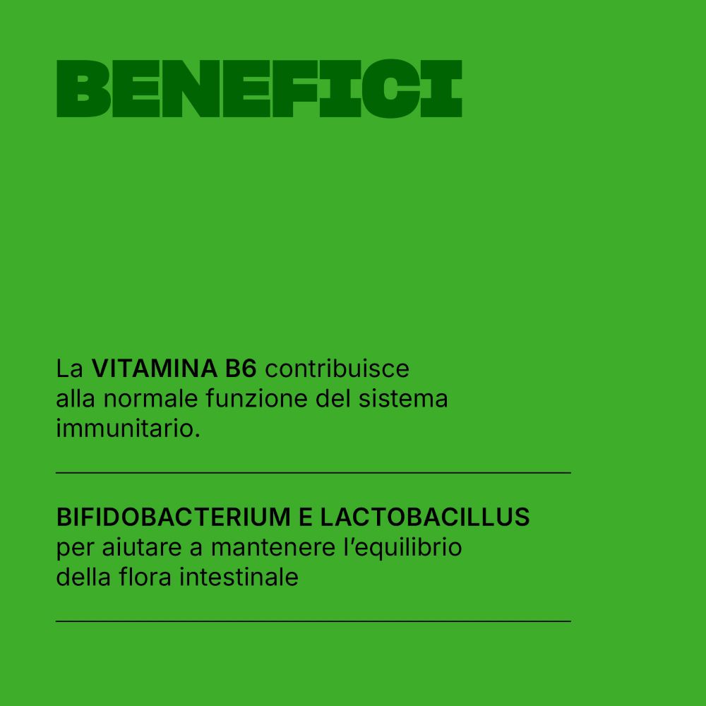 Sfondo verde con testo: La VITAMINA B6 contribuisce alla normale funzione del sistema immunitario. Bifidobacterium e Lactobacillus.