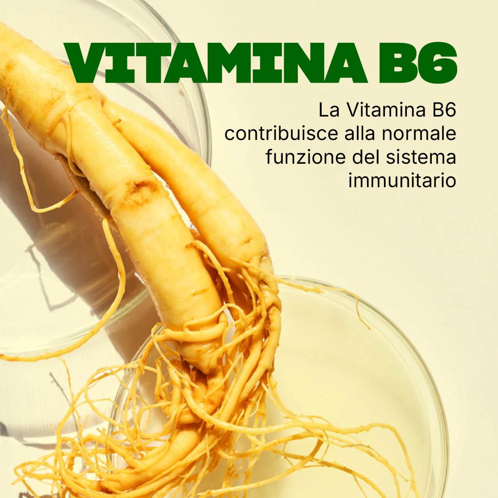 Due radici in una ciotola di vetro. Testo: La Vitamina B6 contribuisce alla normale funzione del sistema immunitario.