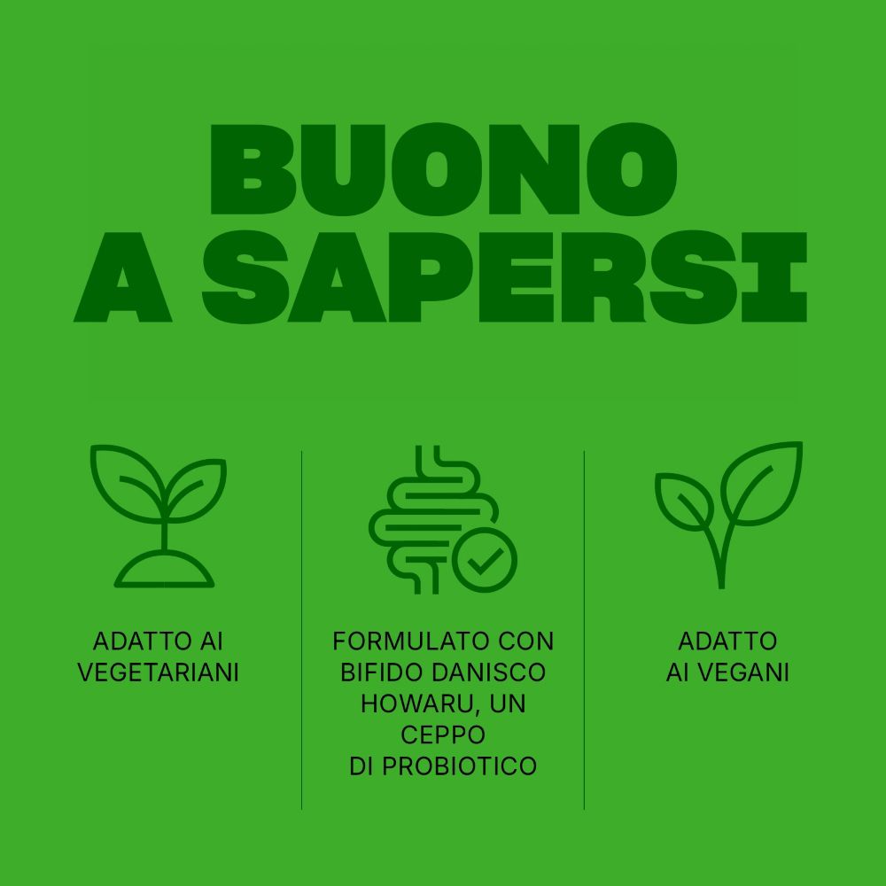 Sfondo verde con simboli: Vegano, vegetariano, simbolo intestinale. Testo: Formulato con Bifido Danisco Howaru, un ceppo probiotico.