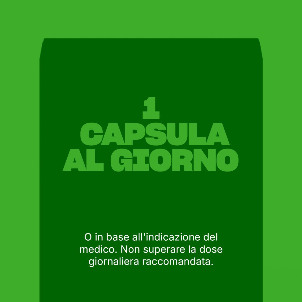 Sfondo verde con testo: 1 capsula al giorno. Non superare la dose giornaliera raccomandata.