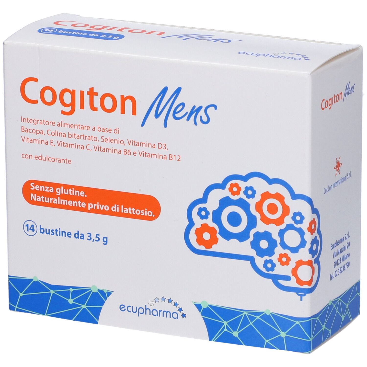 Scatola di Cogiton Mens. Scritto: 14 bustine, senza glutine, senza lattosio. Contiene vitamine e minerali. Marchio: Ecupharma.