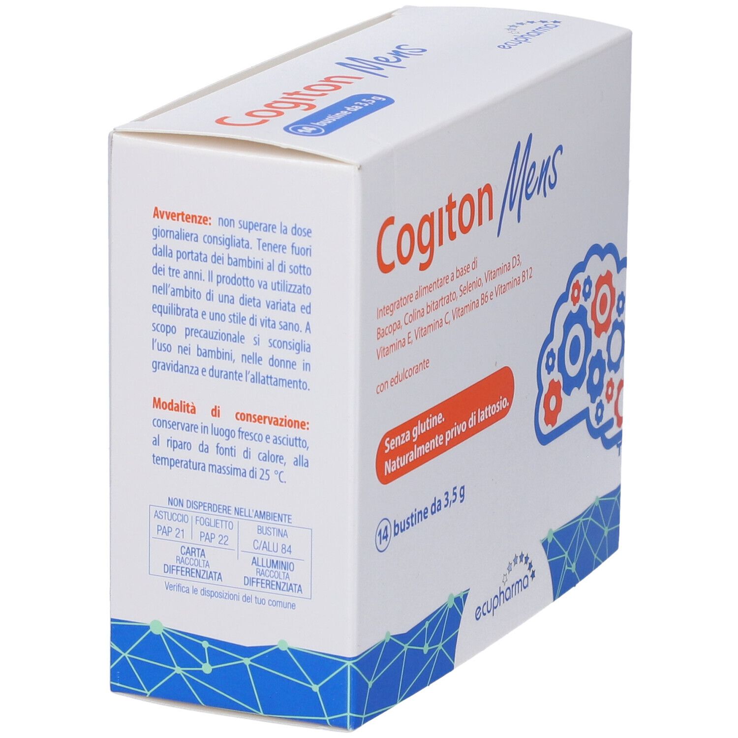 Scatola di Cogiton Mens. Scritto: 14 bustine, senza glutine, senza lattosio. Contiene vitamine e minerali. Avvertenze.