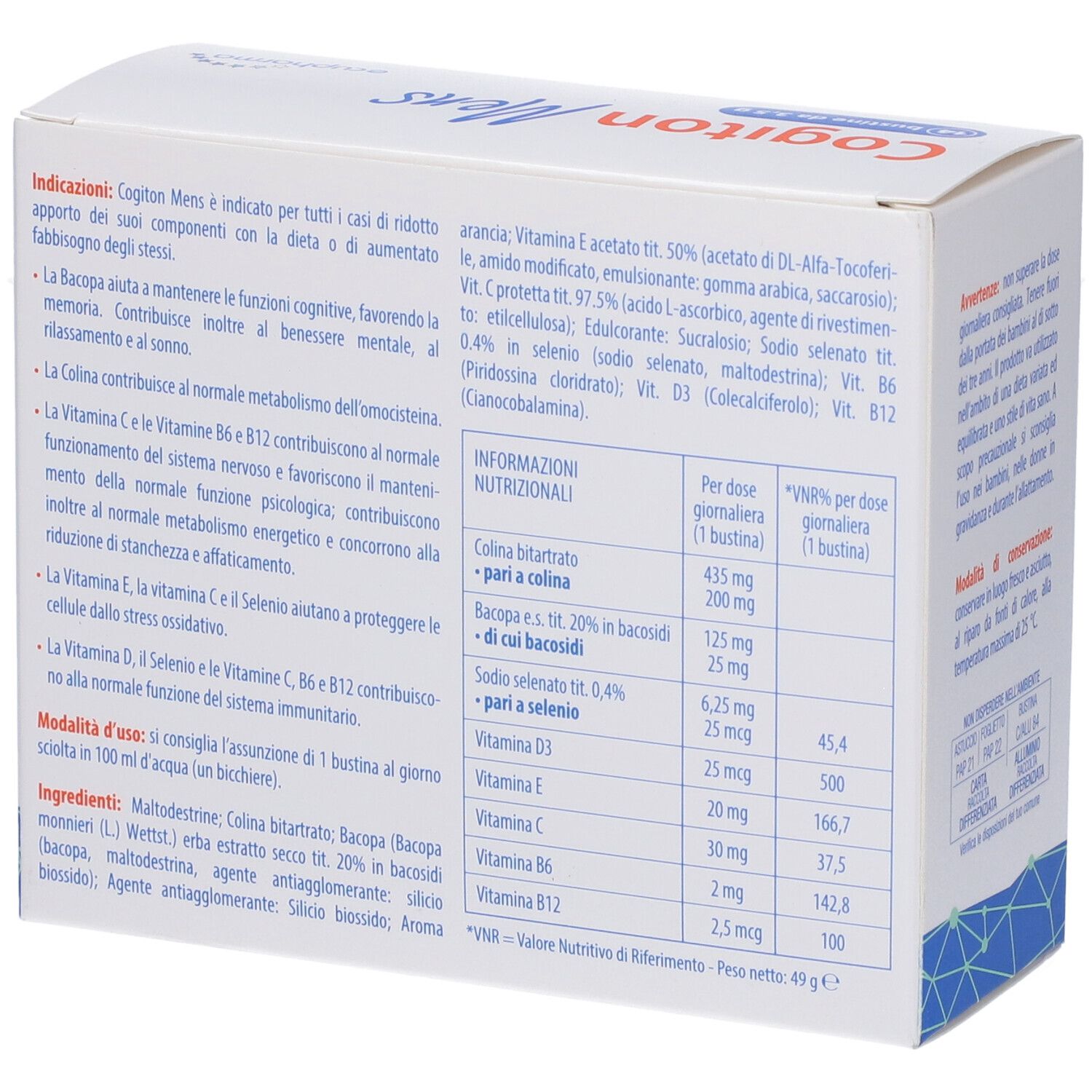 Scatola di Cogiton Mens. Contiene informazioni sugli ingredienti e il valore nutrizionale. Elenco di vitamine e minerali.