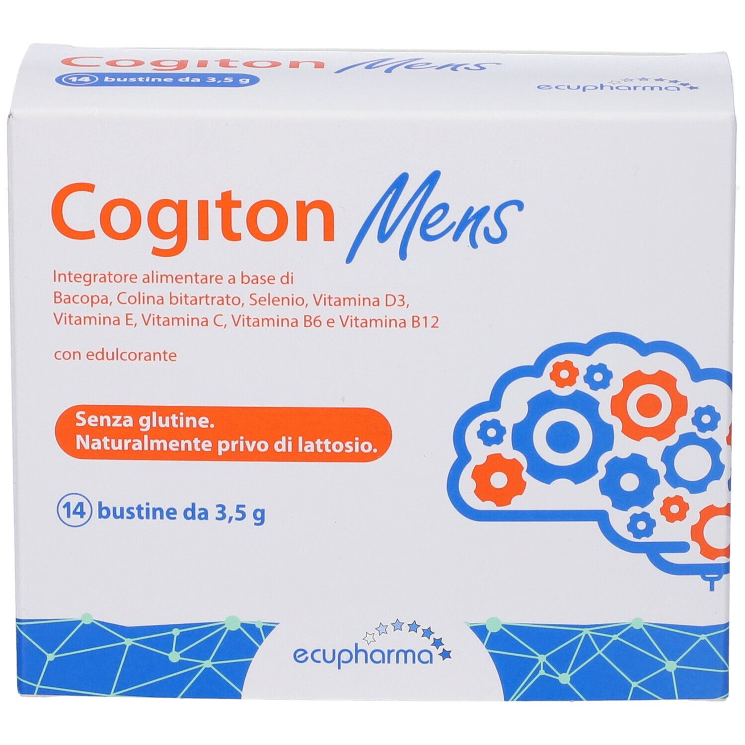 Scatola di Cogiton Mens. Scritto: 14 bustine, senza glutine, senza lattosio. Contiene vitamine e minerali. Marchio: Ecupharma.