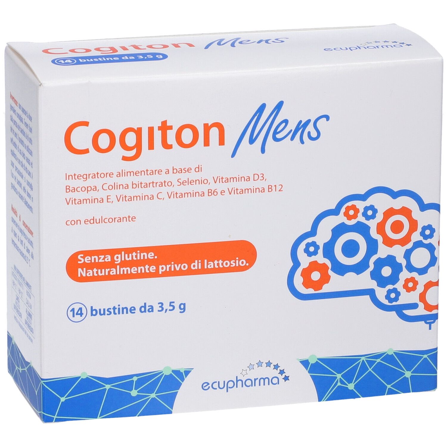 Scatola di Cogiton Mens. Scritto: 14 bustine, senza glutine, senza lattosio. Contiene vitamine e minerali. Marchio: Ecupharma.