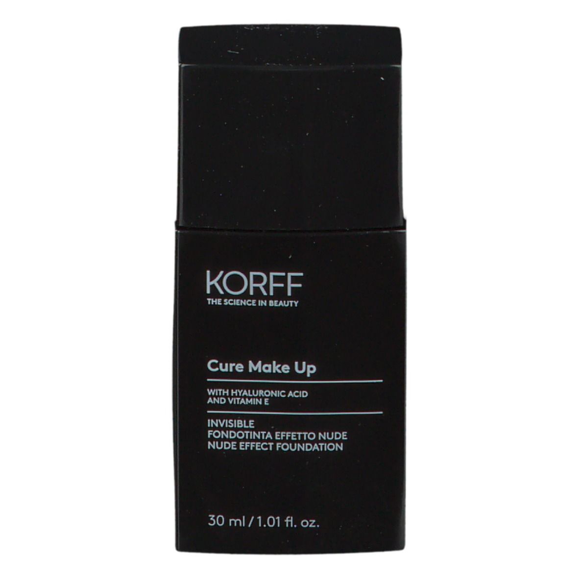 Flacone nero KORFF. Cure Make Up con acido ialuronico e vitamina E. Fondotinta effetto nude. 30 ml.