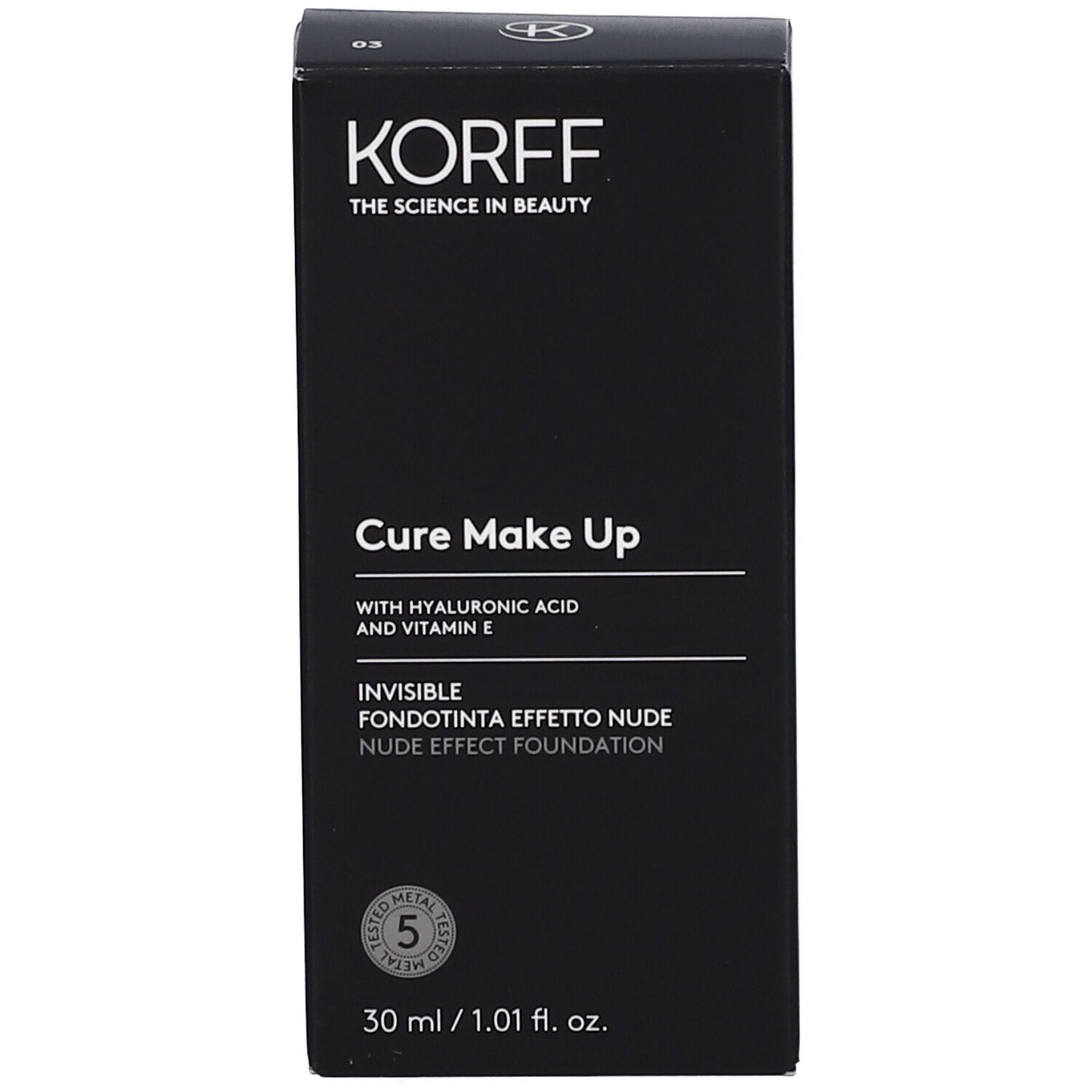 Confezione KORFF. Cure Make Up con acido ialuronico e vitamina E. Fondotinta nude. 30 ml.