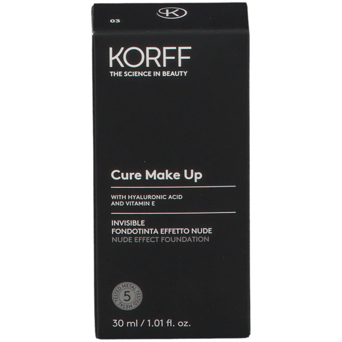 Confezione KORFF. Cure Make Up con acido ialuronico e vitamina E. Fondotinta nude. 30 ml.