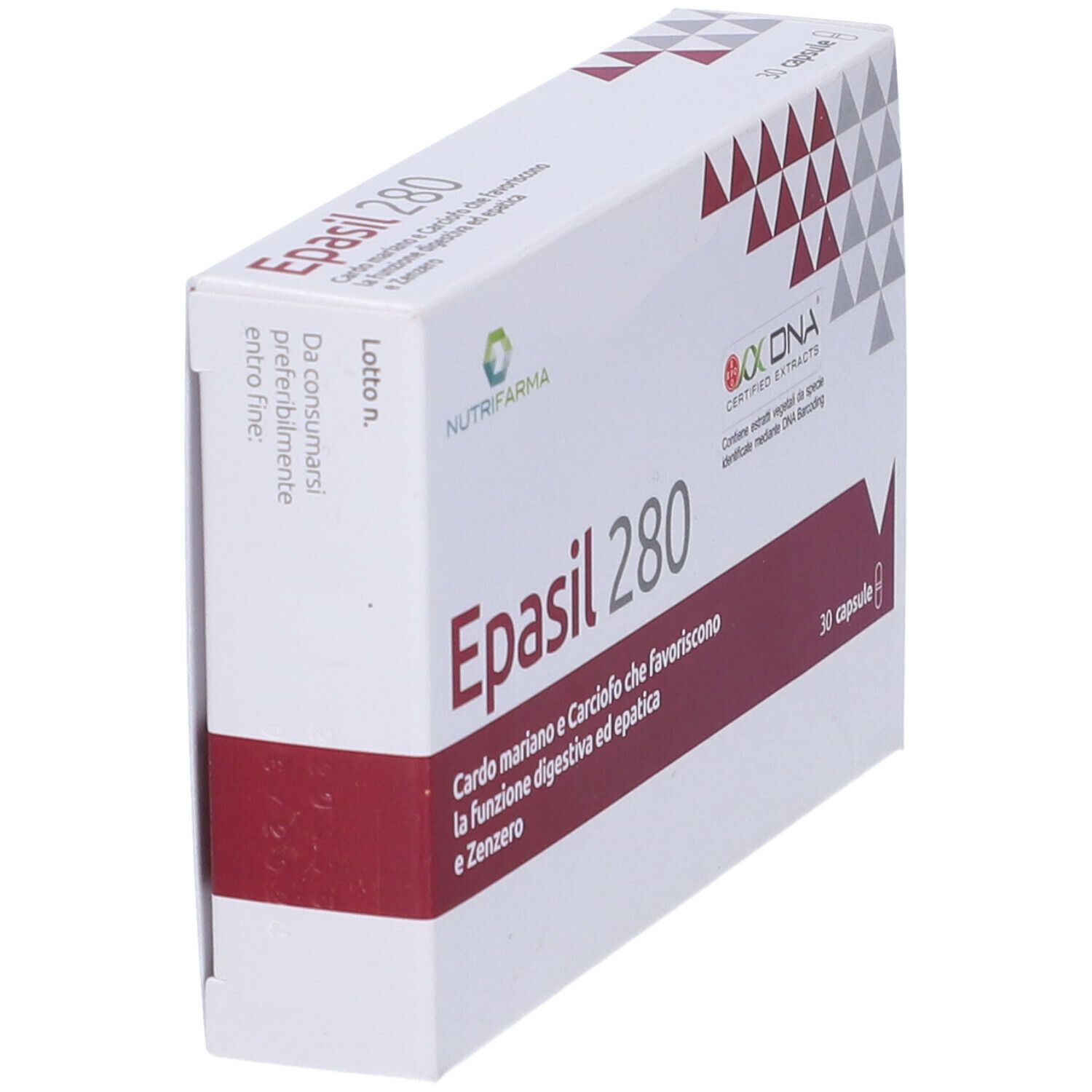 Vista obliqua della confezione Epasil 280. Dettagli rossi. Logo Nutrifarma. Certificazione OXA DNA. 30 capsule.