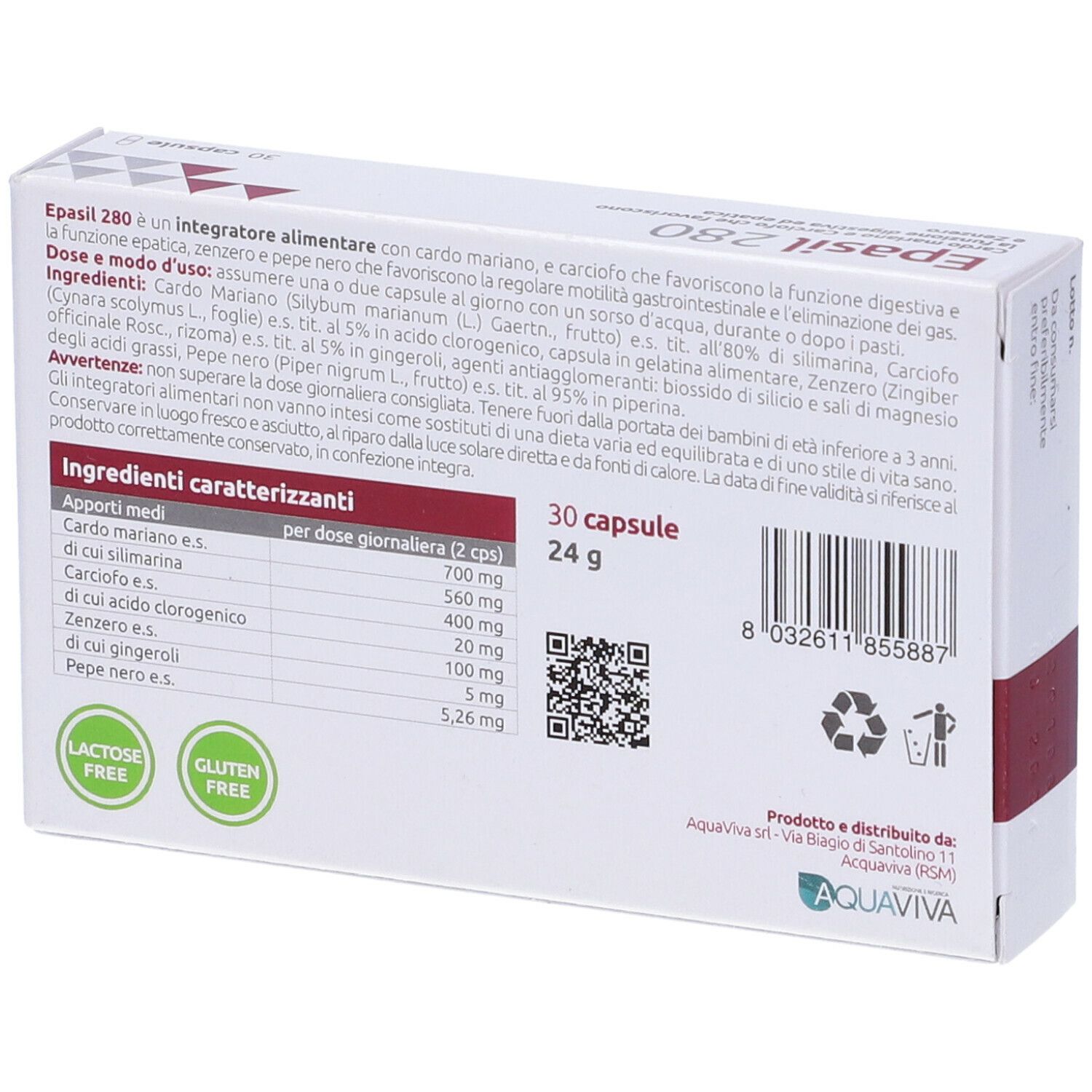 Retro della confezione Epasil 280. Elenco ingredienti, informazioni nutrizionali, informazioni produttore. 30 capsule.