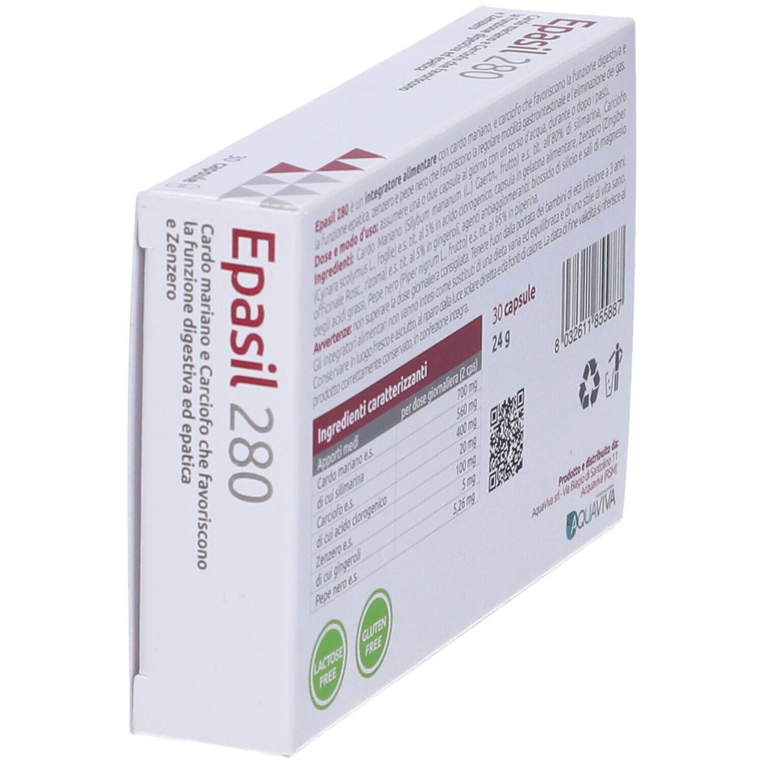 Vista obliqua della confezione Epasil 280. Elenco ingredienti, informazioni nutrizionali, informazioni produttore. 30 capsule.