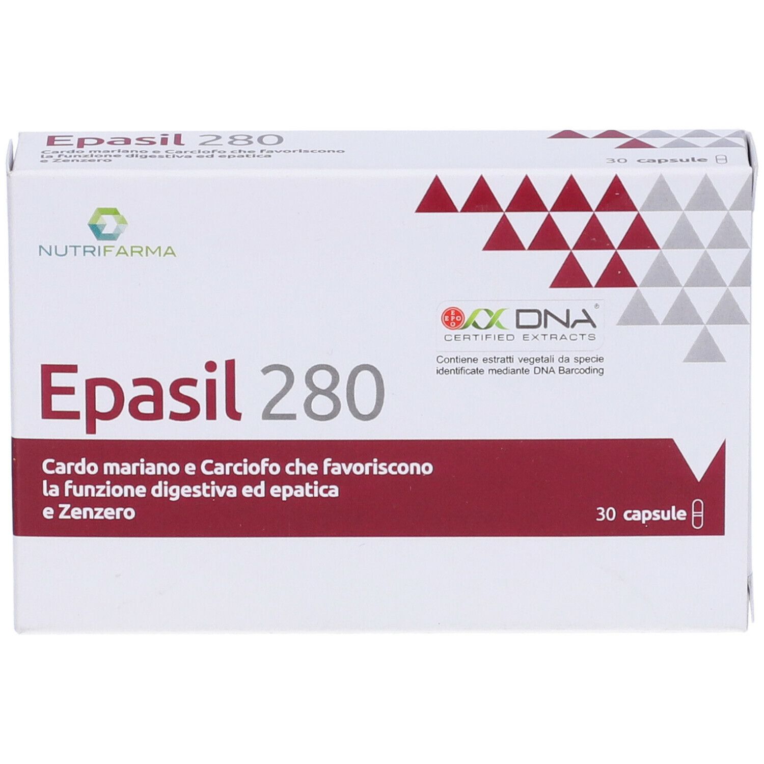 Scatola bianca Epasil 280. Dettagli rossi. Logo Nutrifarma. Certificazione OXA DNA. 30 capsule.
