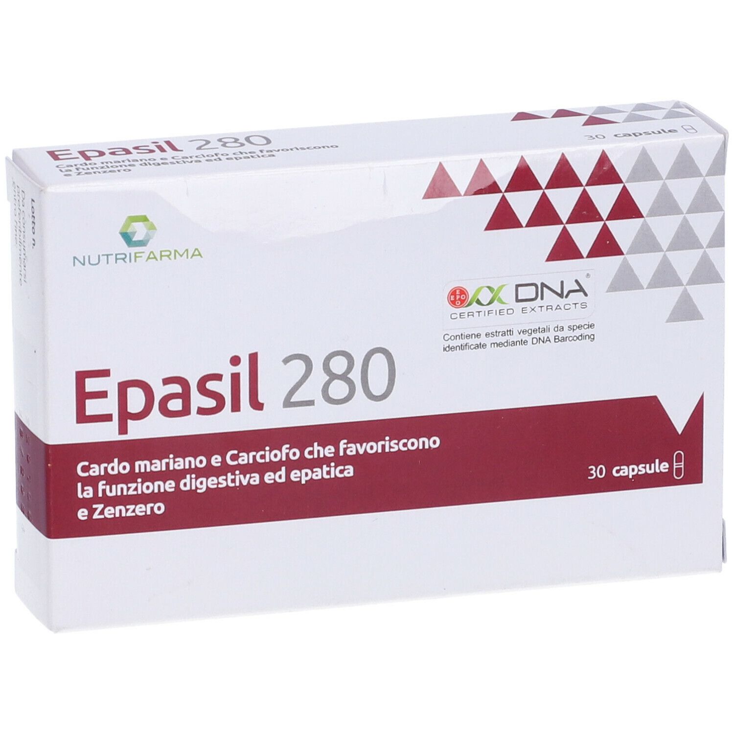 Scatola bianca Epasil 280. Dettagli rossi. Logo Nutrifarma. Certificazione OXA DNA. 30 capsule.