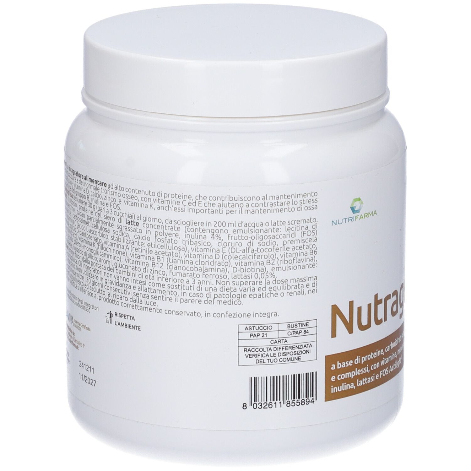 Contenitore cilindrico bianco con coperchio. Retro con testo e logo Nutrifarma. Contiene informazioni sul prodotto.