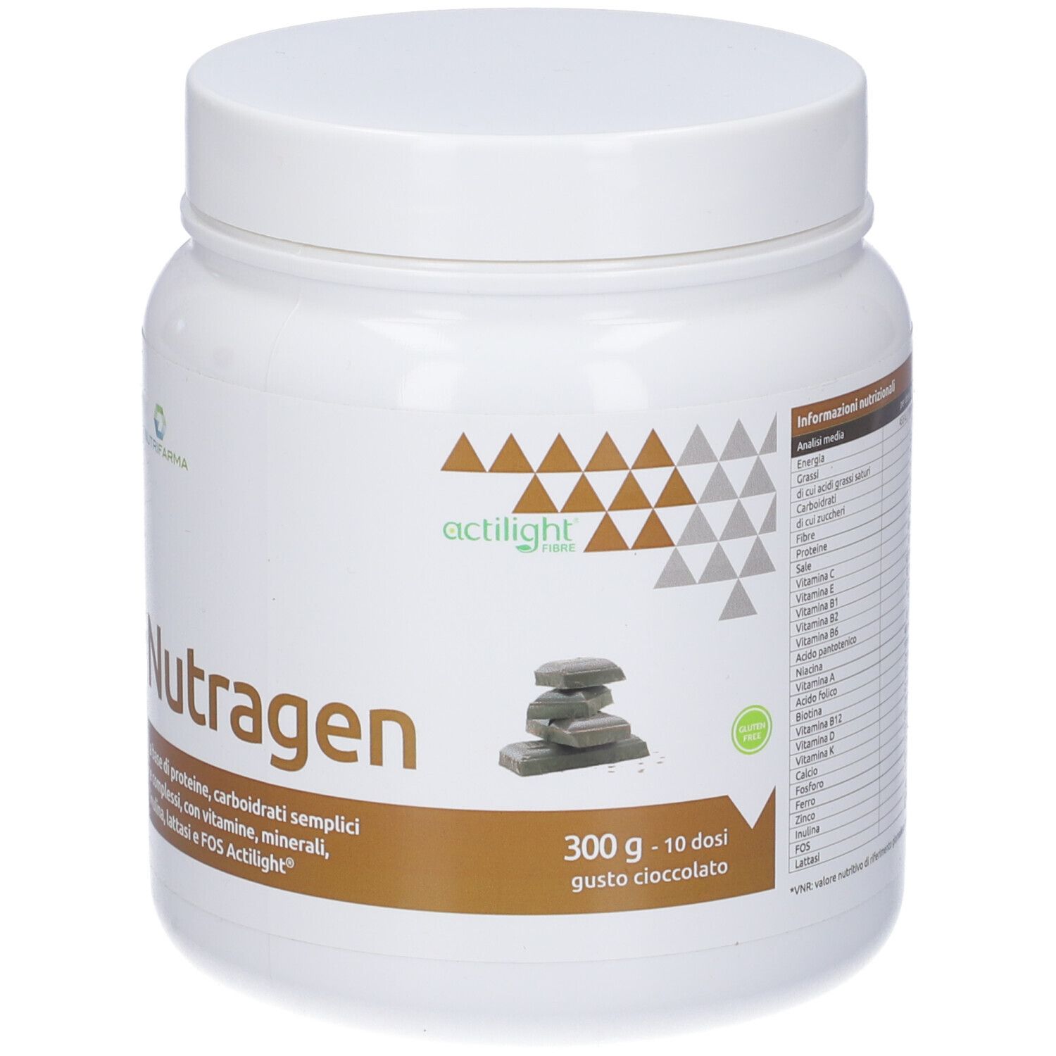 Contenitore cilindrico bianco con coperchio. Scritta: Nutragen, actilight, 300 g - 10 dosi gusto cioccolato. Logo Nutrifarma.