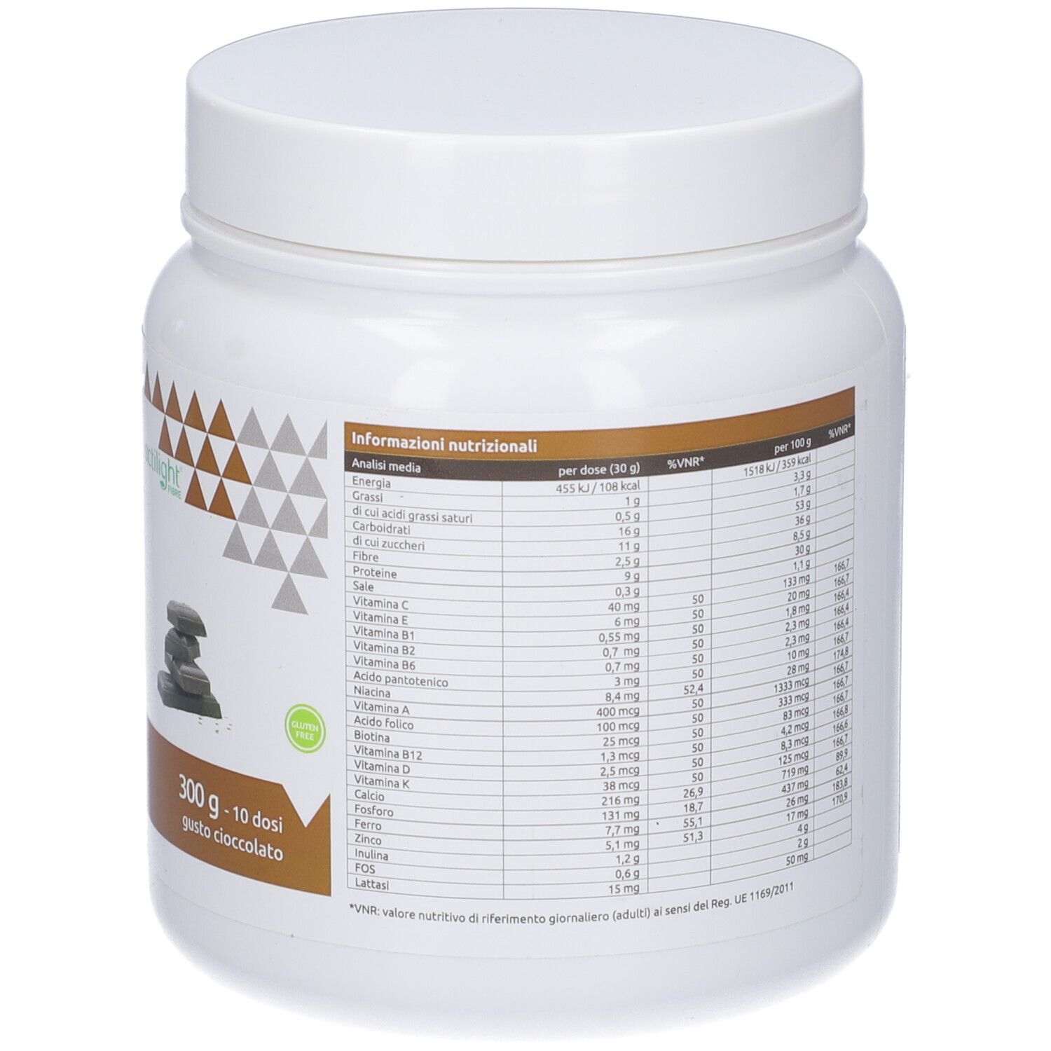 Contenitore cilindrico bianco con coperchio. Scritta: 300 g - 10 dosi gusto cioccolato. Contiene informazioni nutrizionali.