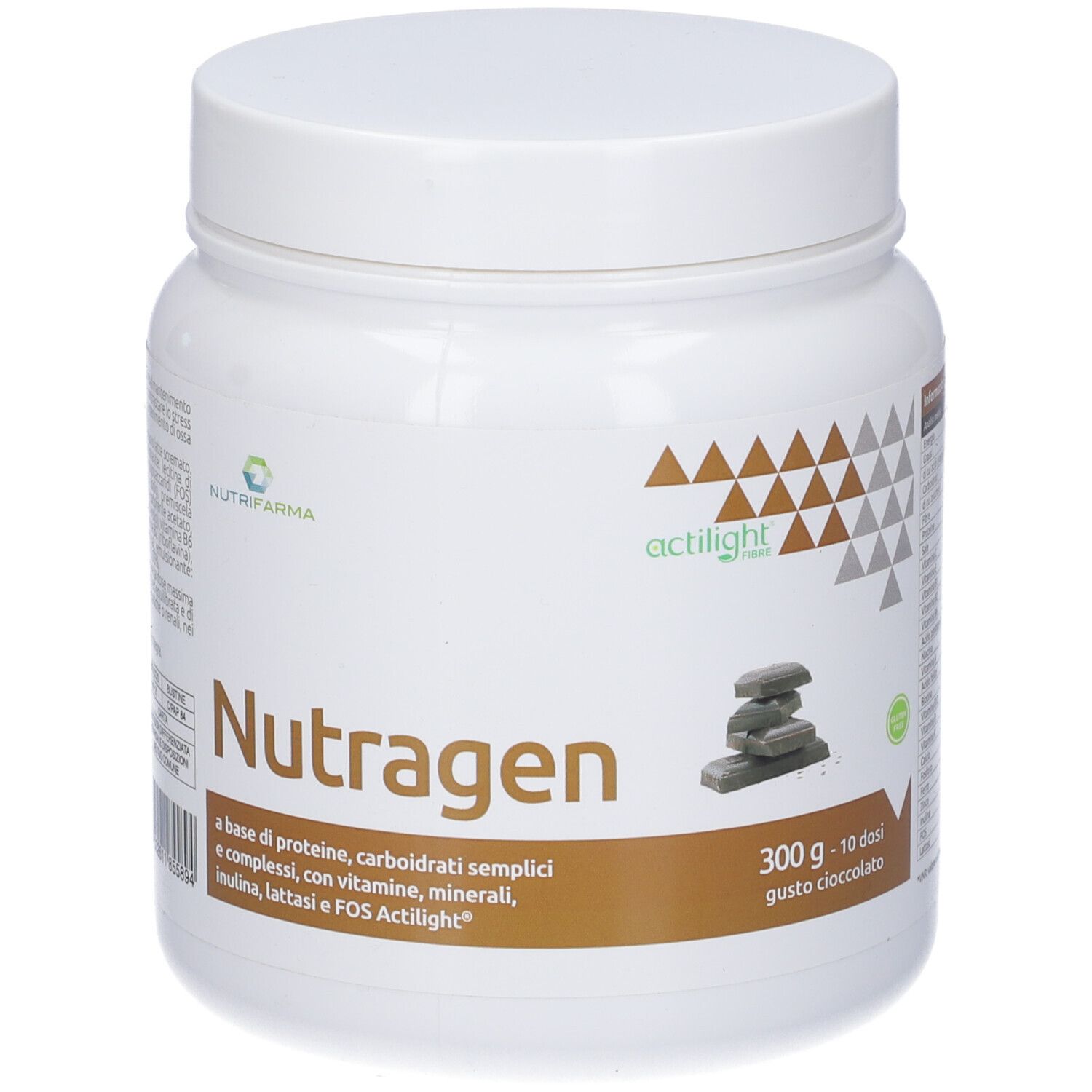 Contenitore cilindrico bianco con coperchio. Scritta: Nutragen, actilight, 300 g - 10 dosi gusto cioccolato. Logo Nutrifarma.