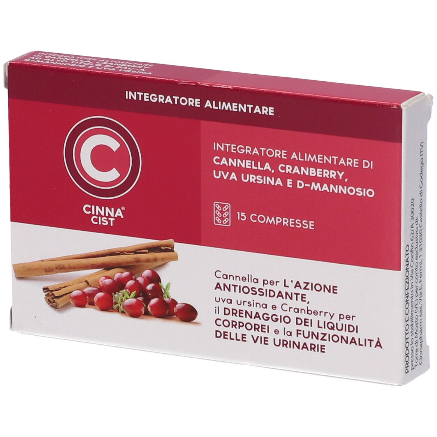 Scatola di Cinna Cist 15 Compresse. Nome del prodotto, ingredienti e immagine di bastoncini di cannella e mirtilli rossi.