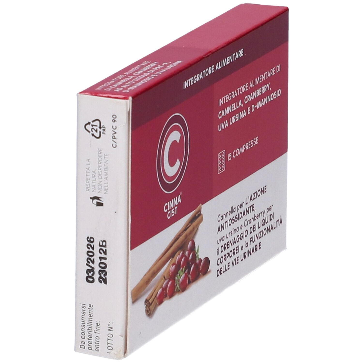 Scatola di Cinna Cist 15 Compresse. Nome del prodotto, ingredienti e data di scadenza.