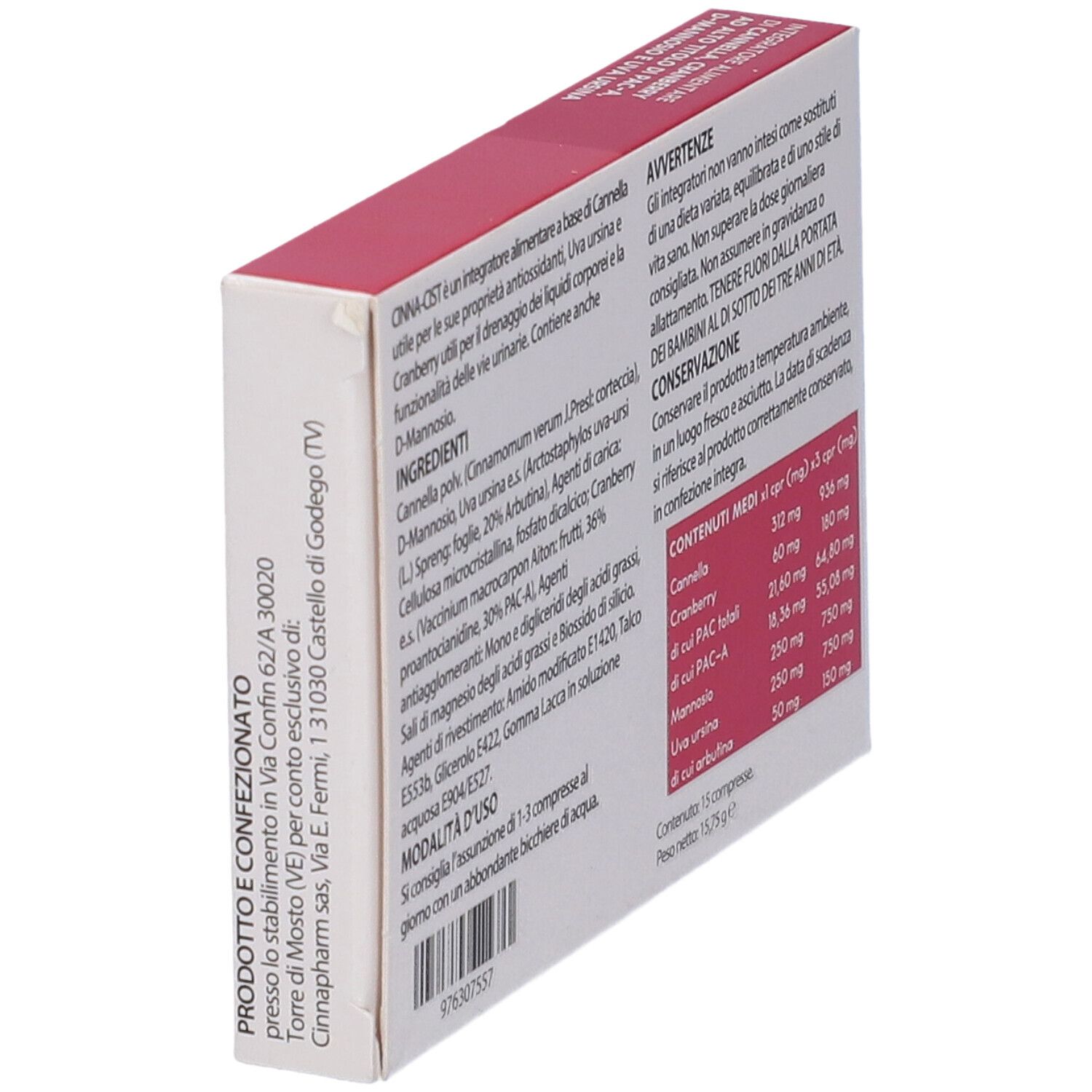 Scatola di Cinna Cist 15 Compresse. Contiene ingredienti, avvertenze e informazioni nutrizionali.