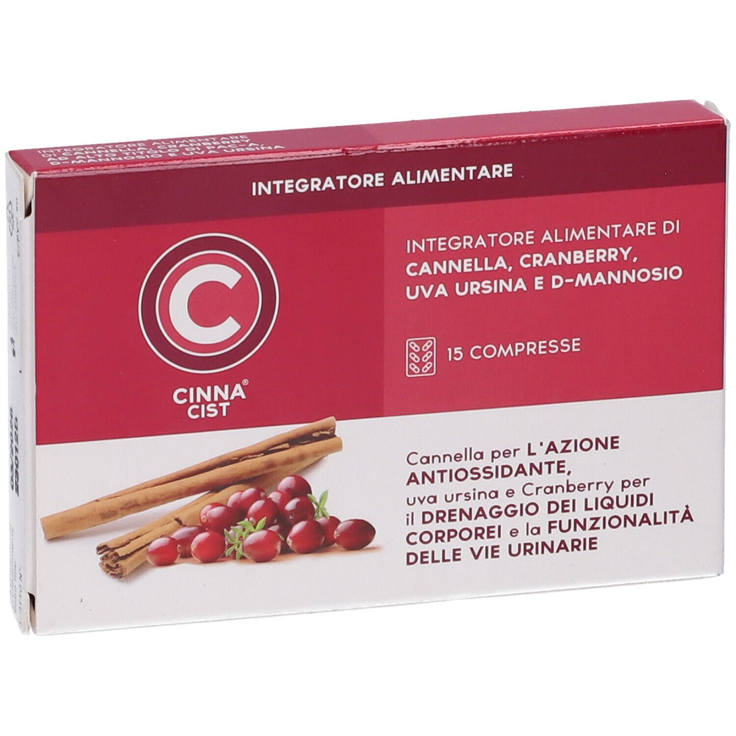 Scatola di Cinna Cist 15 Compresse. Nome del prodotto, ingredienti e immagine di bastoncini di cannella e mirtilli rossi.