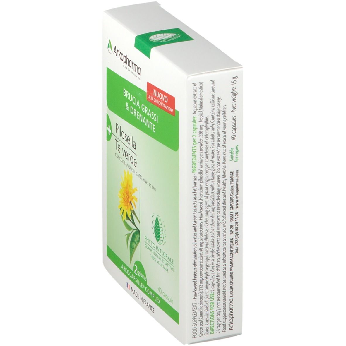 Scatola bianca e verde in diagonale. Scritta: Brucia Grassi & Drenante, Piloseila, Tè verde. 40 capsule. Ingredienti.