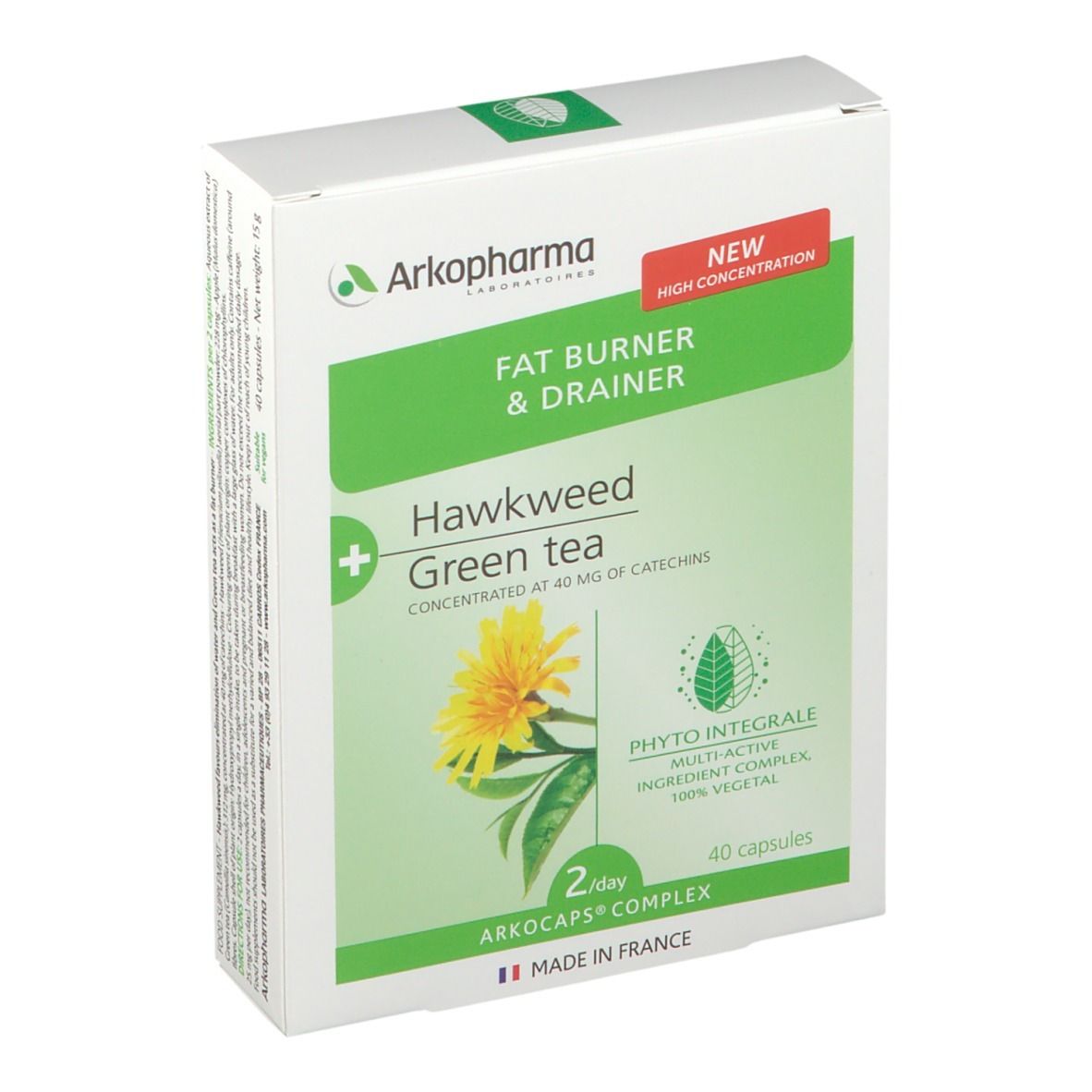 Scatola bianca e verde. Scritta: Fat Burner & Drainer, Hawkweed, Green tea. 40 capsule. Nuova concentrazione.