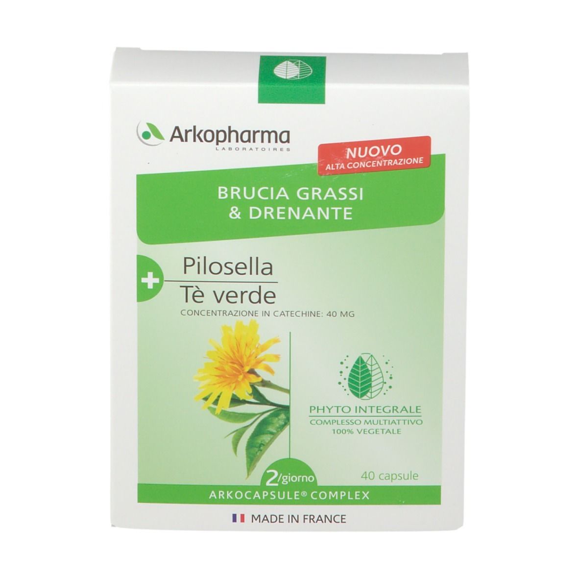 Scatola bianca e verde. Scritta: Brucia Grassi & Drenante, Piloseila, Tè verde. 40 capsule. Nuovo prodotto.